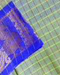 Chettinad Cotton Saree with Woven Checks and Peacock Motif - Green-Close