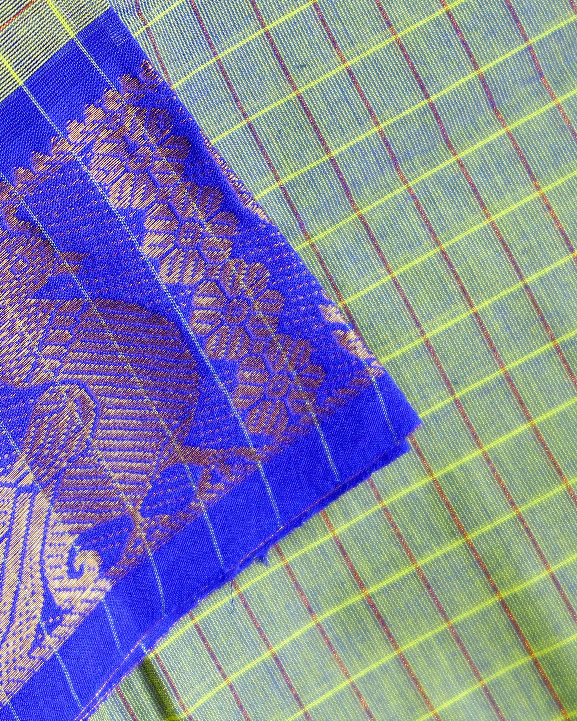 Chettinad Cotton Saree with Woven Checks and Peacock Motif - Green-Close