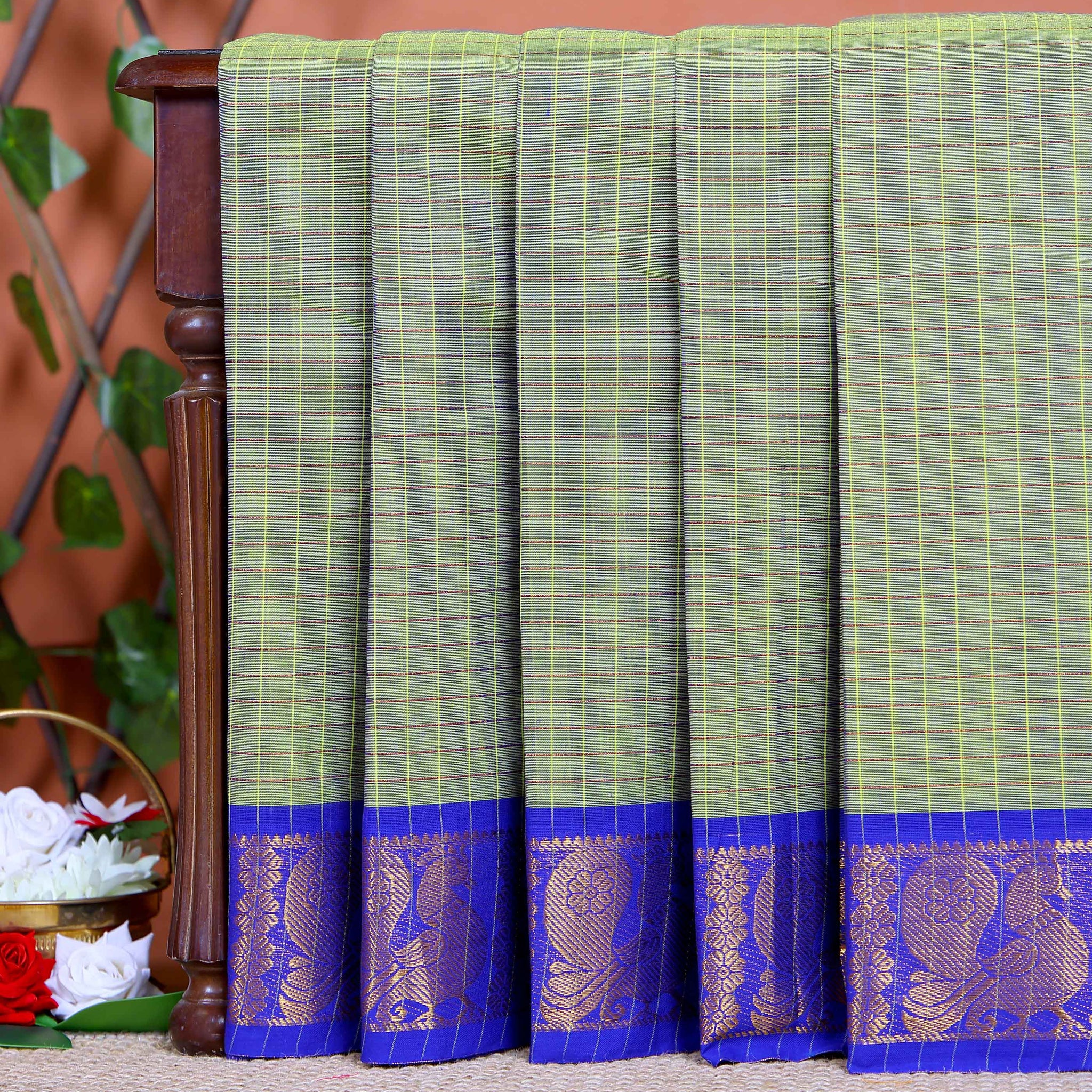 Traditional Chettinad Cotton Saree with Woven Checks and Peacock Motif - Green