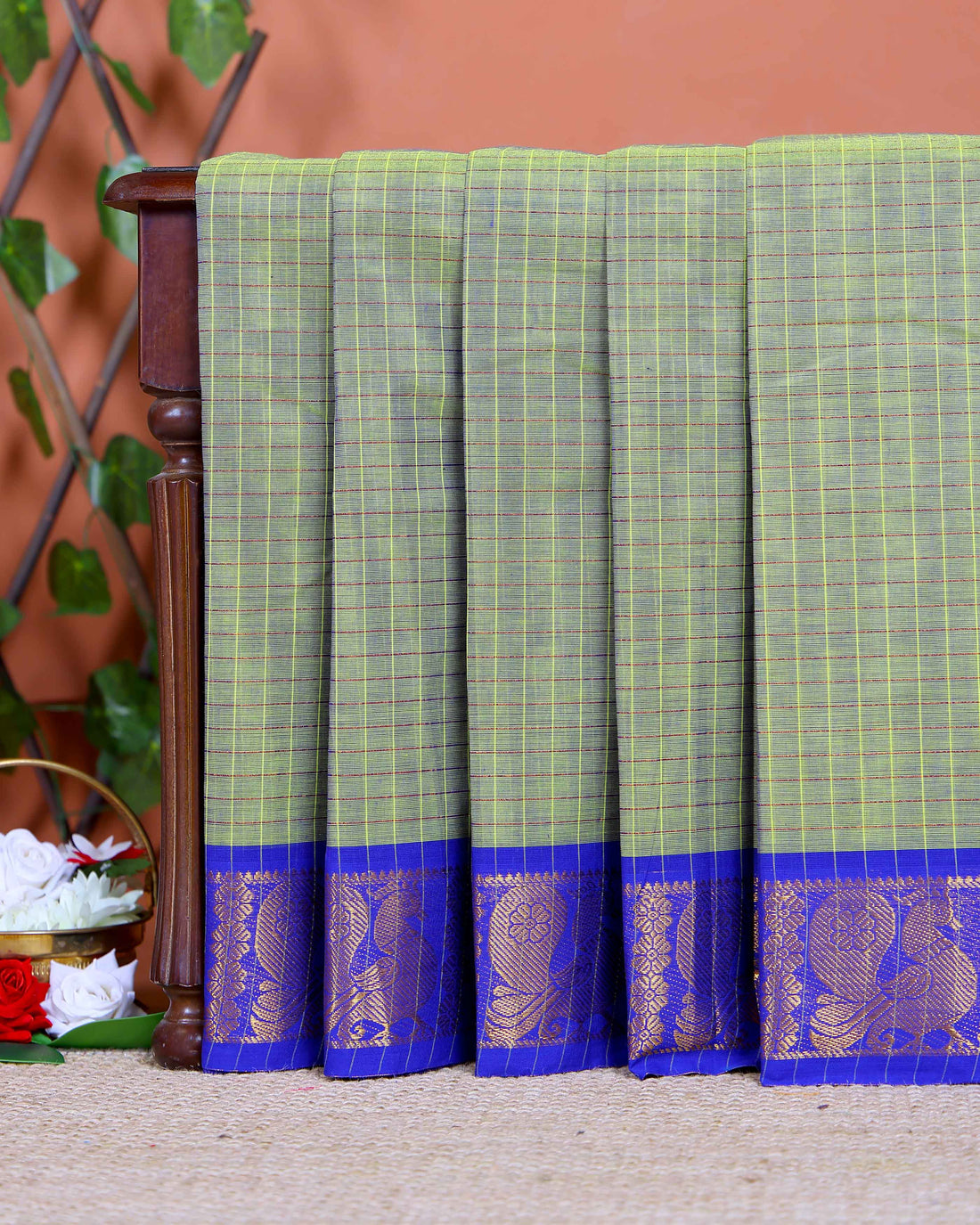 Traditional Chettinad Cotton Saree with Woven Checks and Peacock Motif - Green