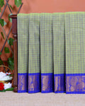 Traditional Chettinad Cotton Saree with Woven Checks and Peacock Motif - Green