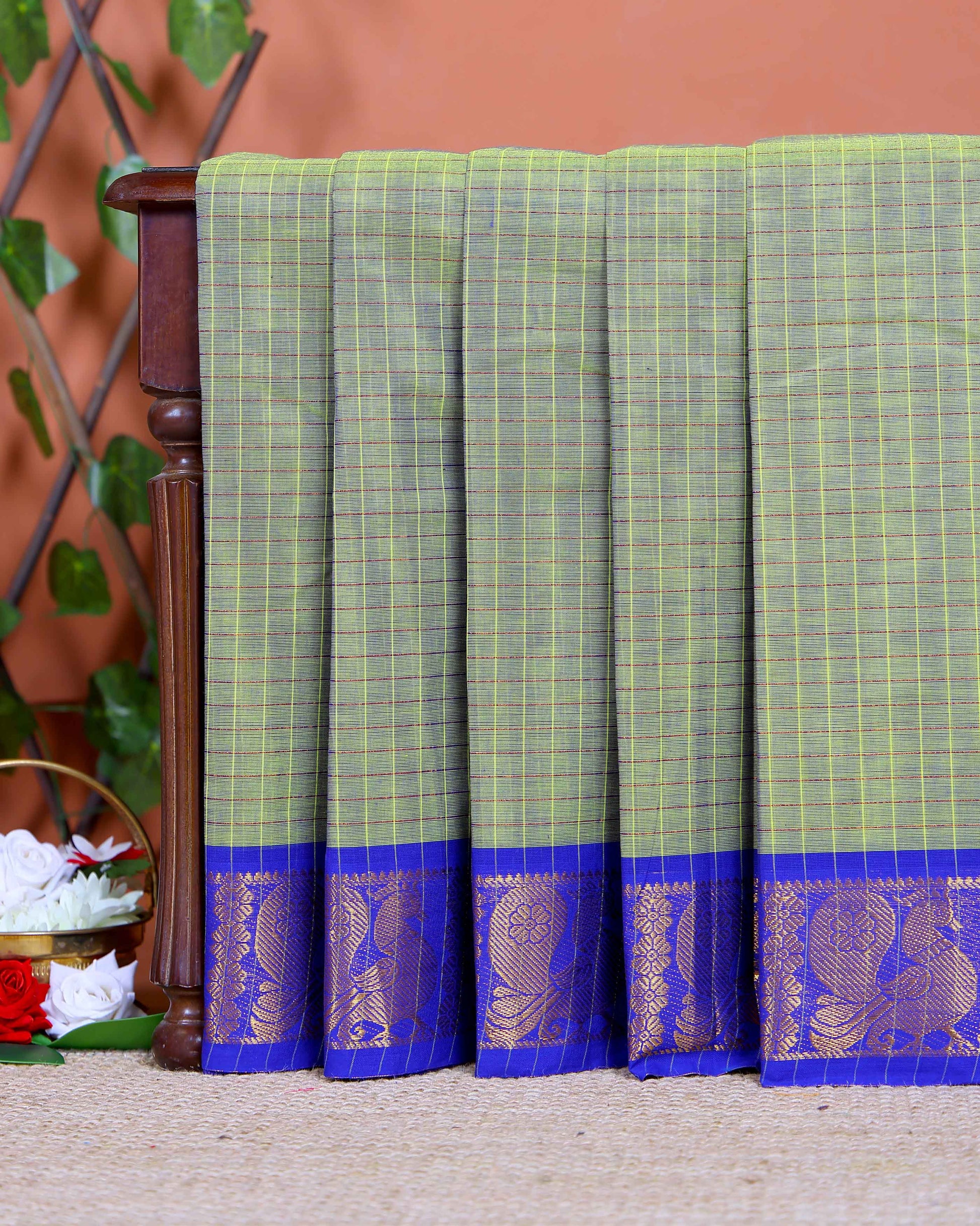 Traditional Chettinad Cotton Saree with Woven Checks and Peacock Motif - Green