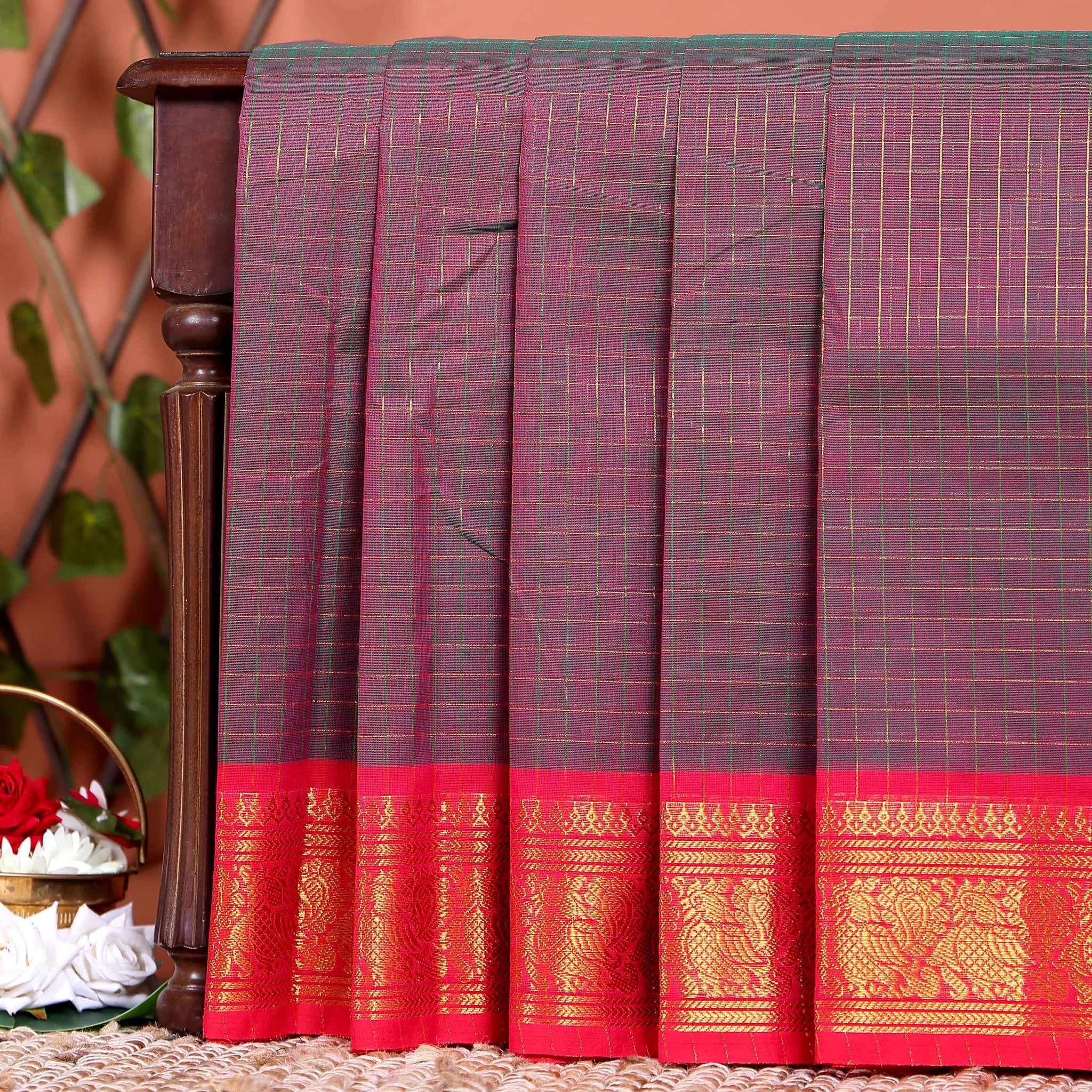 Traditional Chettinad Cotton Saree with Woven Checks and Peacock Motif - Maroon