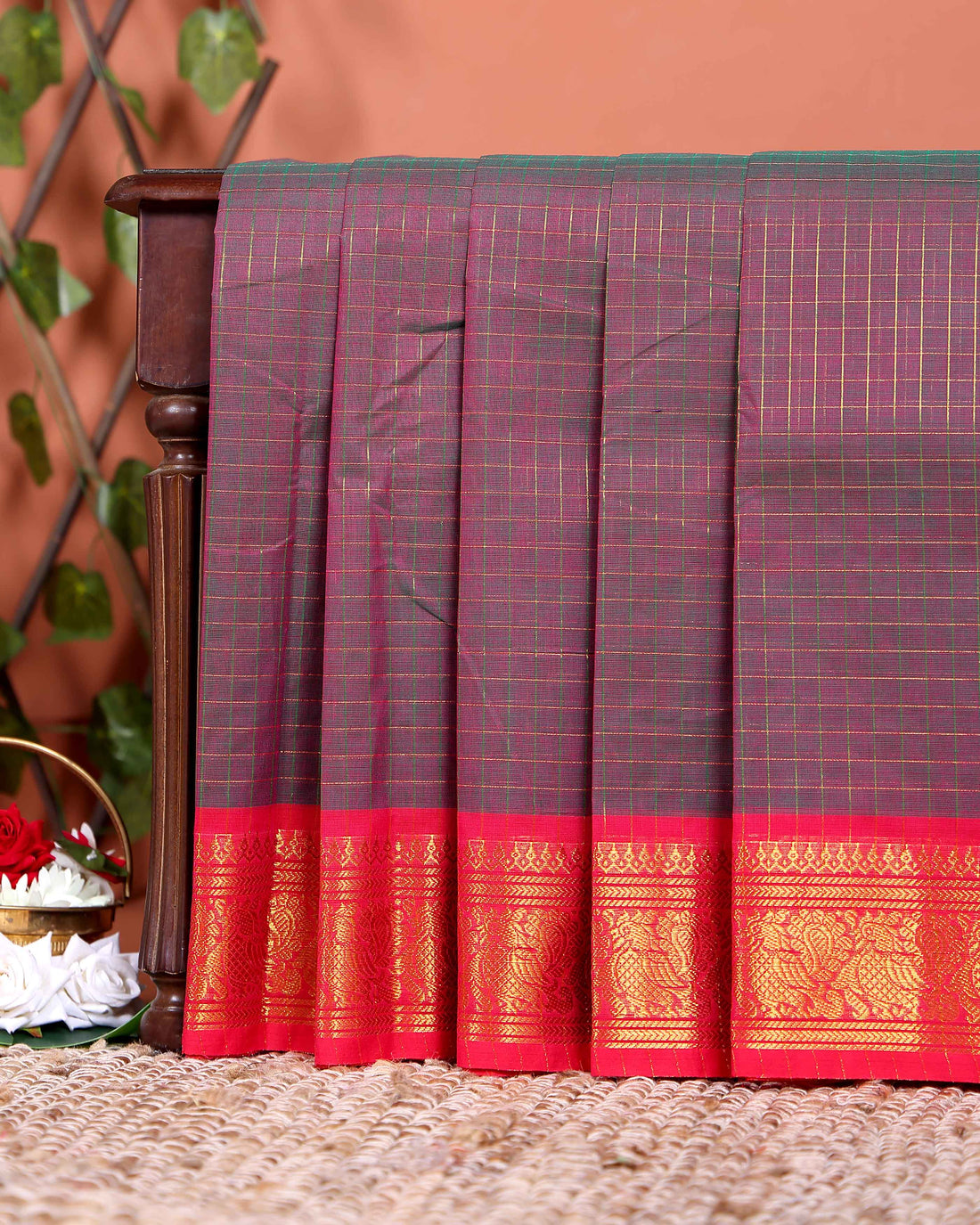 Traditional Chettinad Cotton Saree with Woven Checks and Peacock Motif - Maroon
