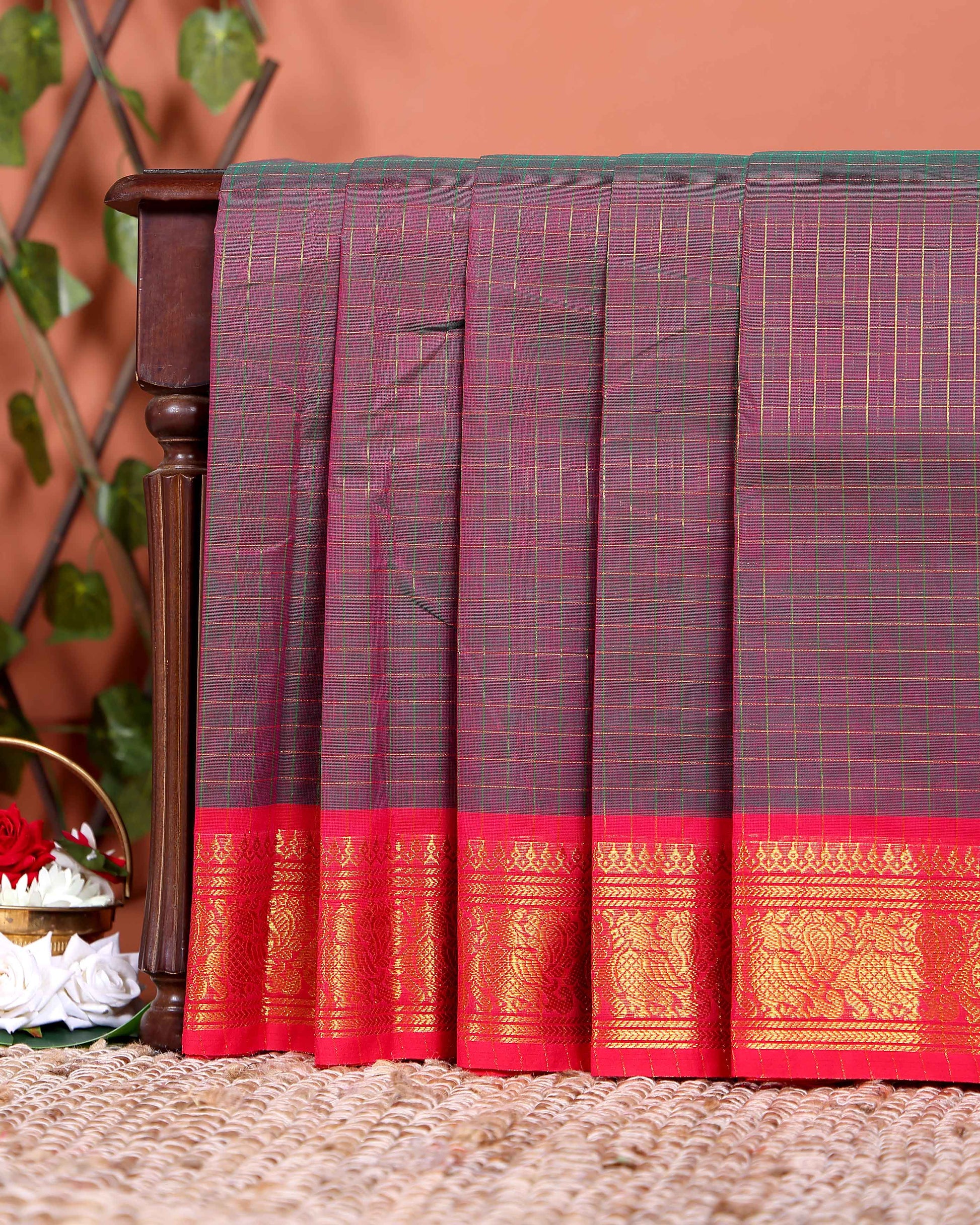 Traditional Chettinad Cotton Saree with Woven Checks and Peacock Motif - Maroon