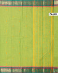 Chettinad Handloom Cotton Saree with Temple and Peacock Motif Border - Green