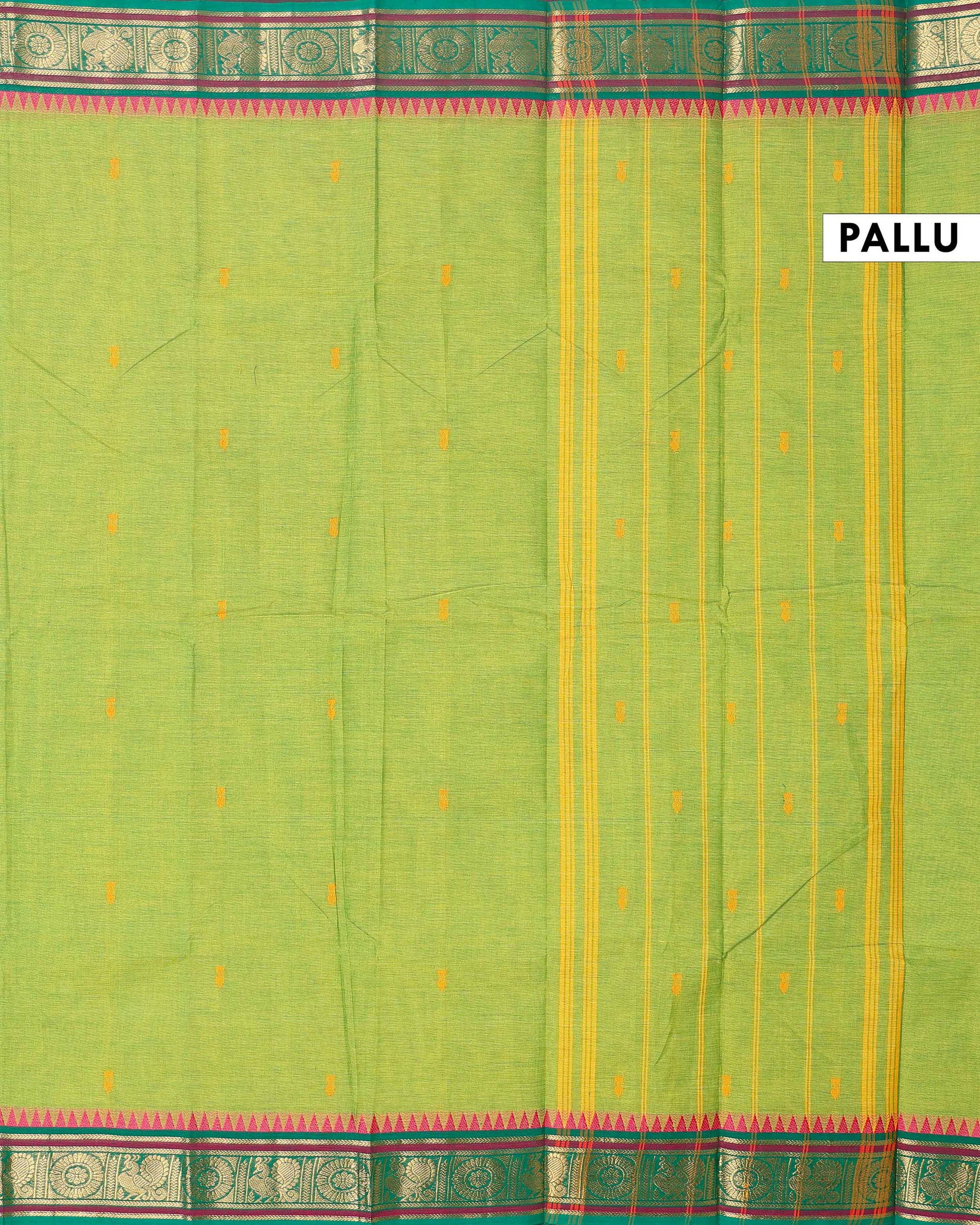 Chettinad Handloom Cotton Saree with Temple and Peacock Motif Border - Green