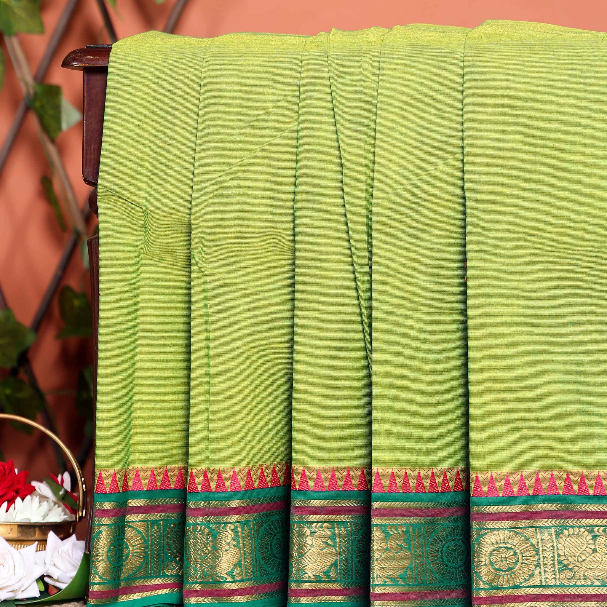 Chettinad Handloom Cotton Saree with Temple and Peacock Motif Border - Green
