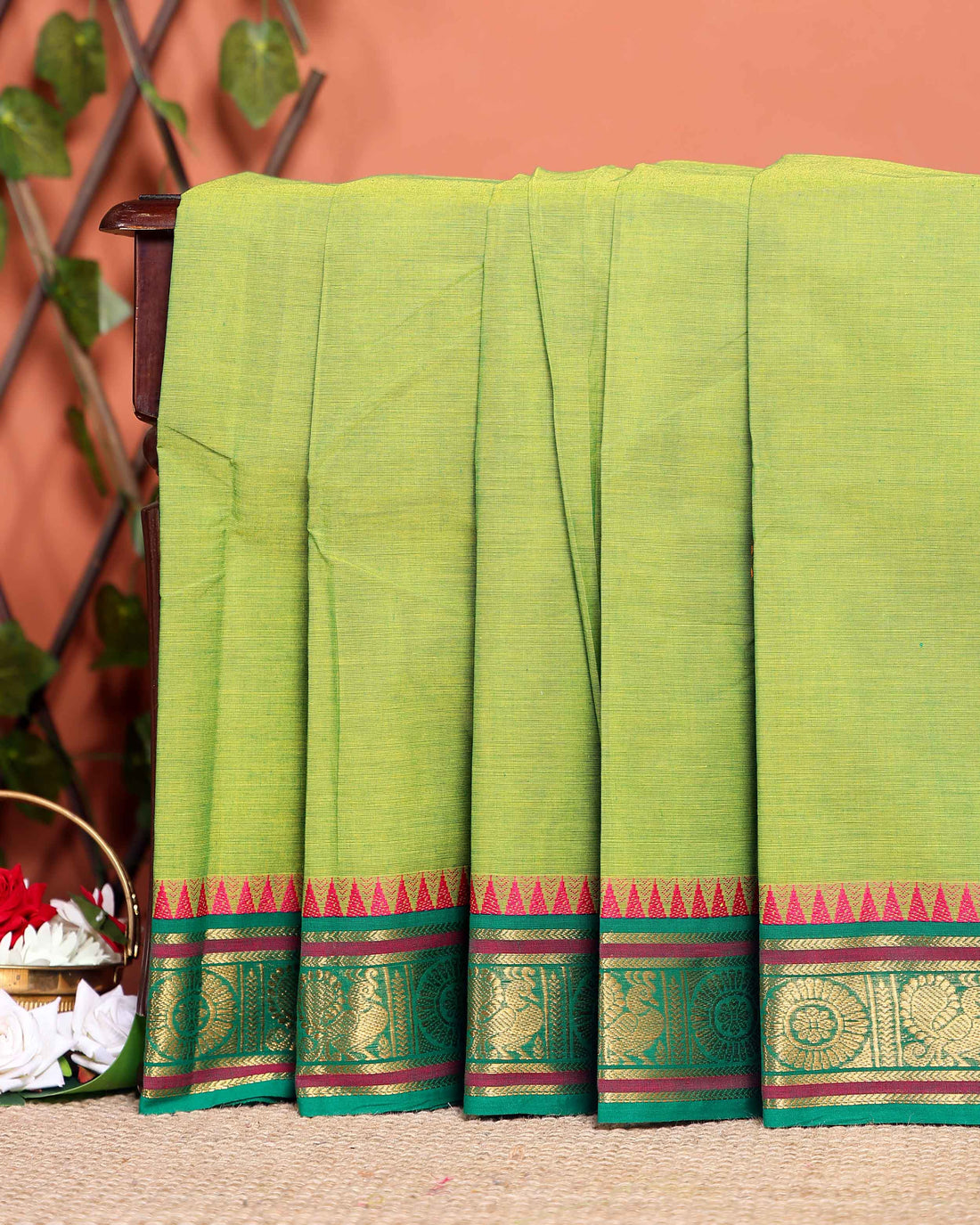 Chettinad Handloom Cotton Saree with Temple and Peacock Motif Border - Green