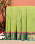 Chettinad Handloom Cotton Saree with Temple and Peacock Motif Border - Green