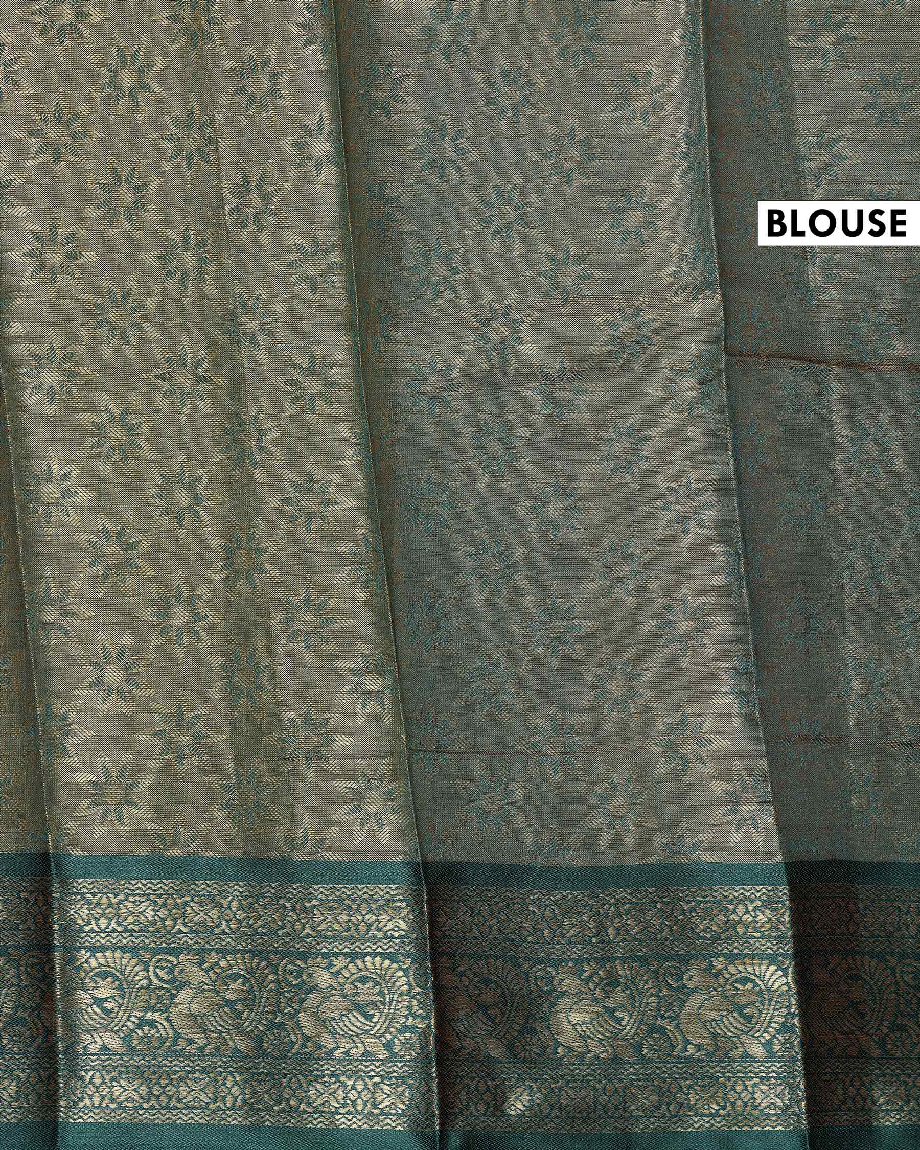 Classic Banarasi Tissue Silk Saree with Plain Woven Body Intricate Floral Zari Border and Traditional Weave Design - Green-Blouse