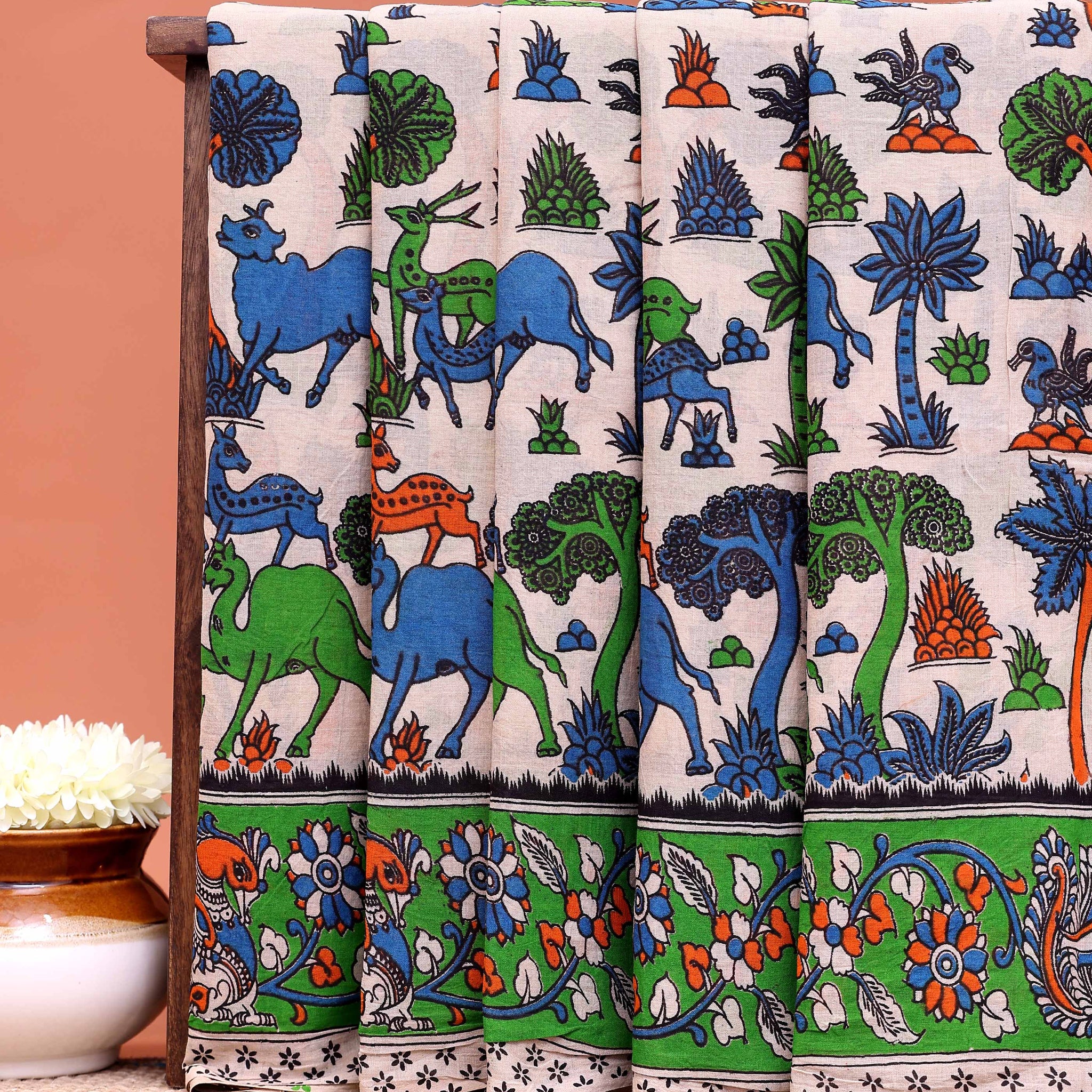 Classic Block Printed Kalamkari Cotton Saree with All-Over Animal and Garden Motif Design - Cream