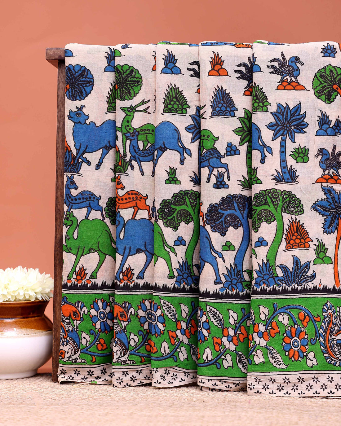 Classic Block Printed Kalamkari Cotton Saree with All-Over Animal and Garden Motif Design - Cream