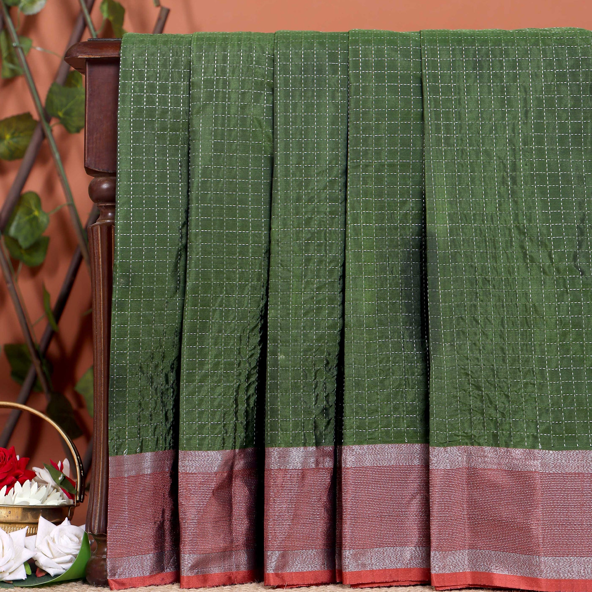 Classic Checks Soft Silk Saree with Intricate Weave Border - Green