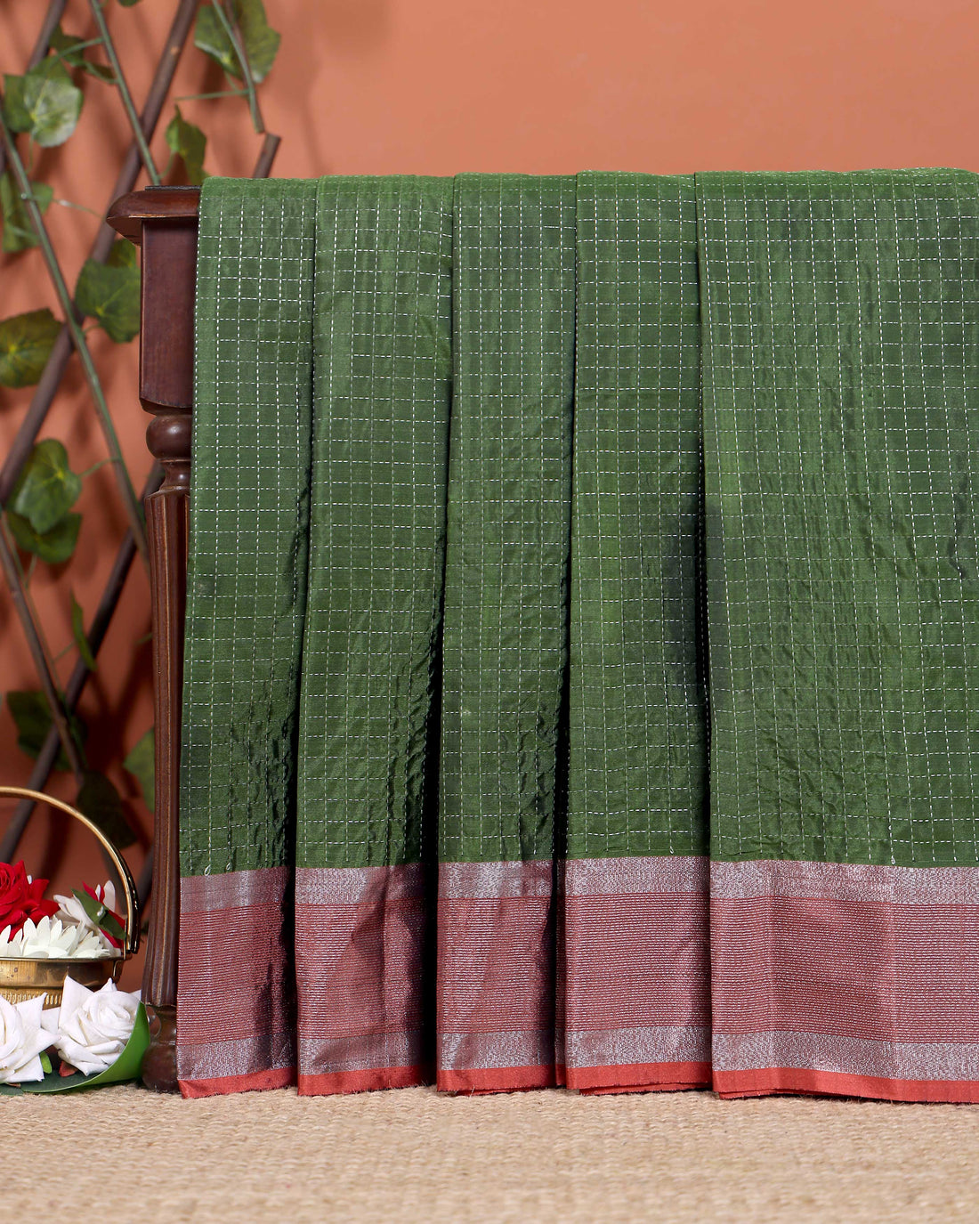 Classic Checks Soft Silk Saree with Intricate Weave Border - Green