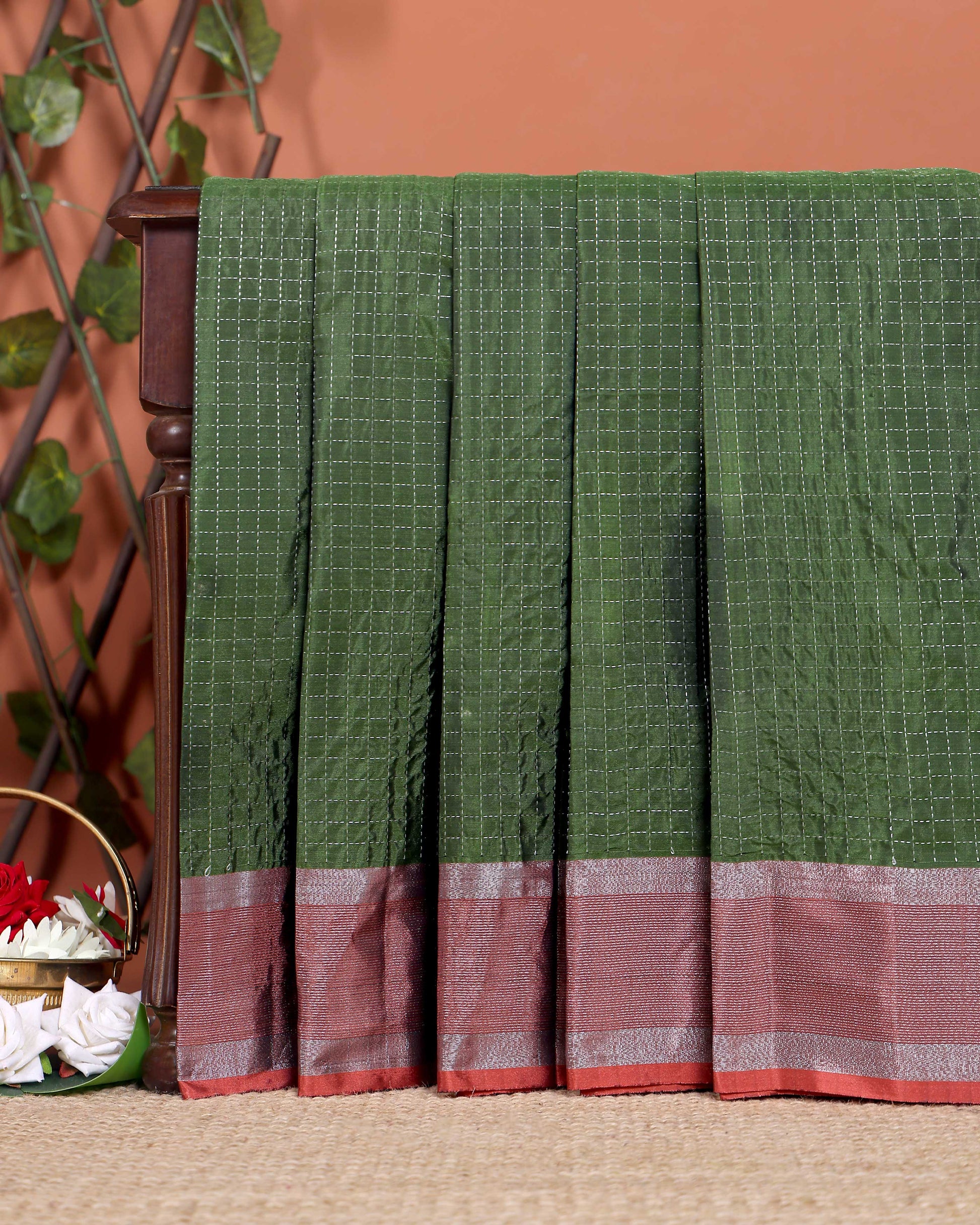 Classic Checks Soft Silk Saree with Intricate Weave Border - Green