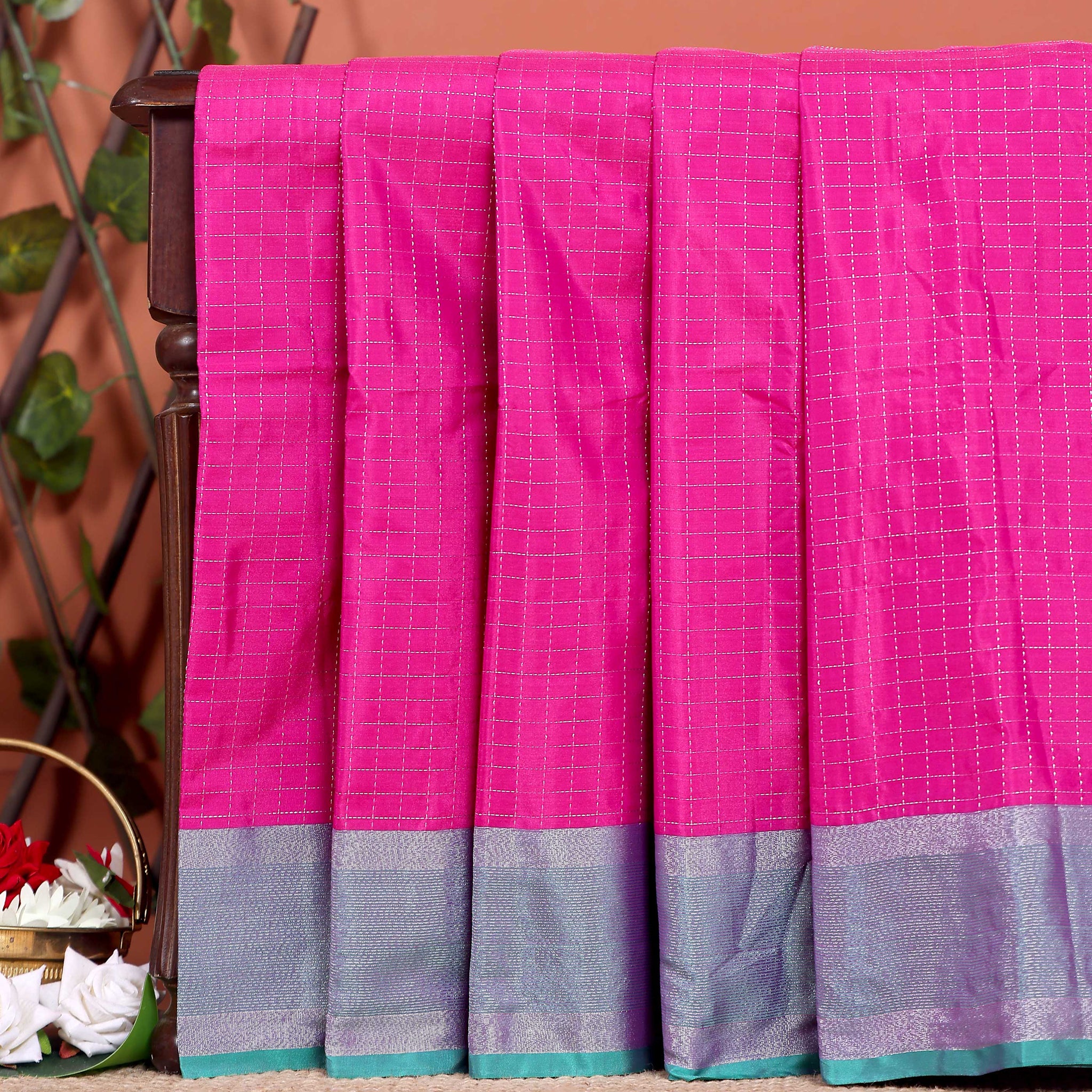Classic Checks Soft Silk Saree with Intricate Weave Border -  Pink