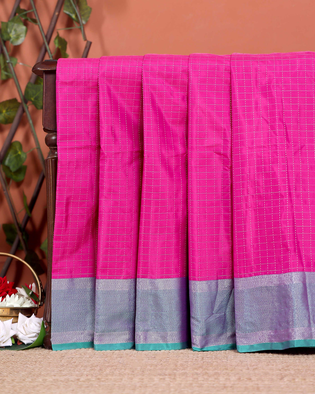 Classic Checks Soft Silk Saree with Intricate Weave Border -  Pink