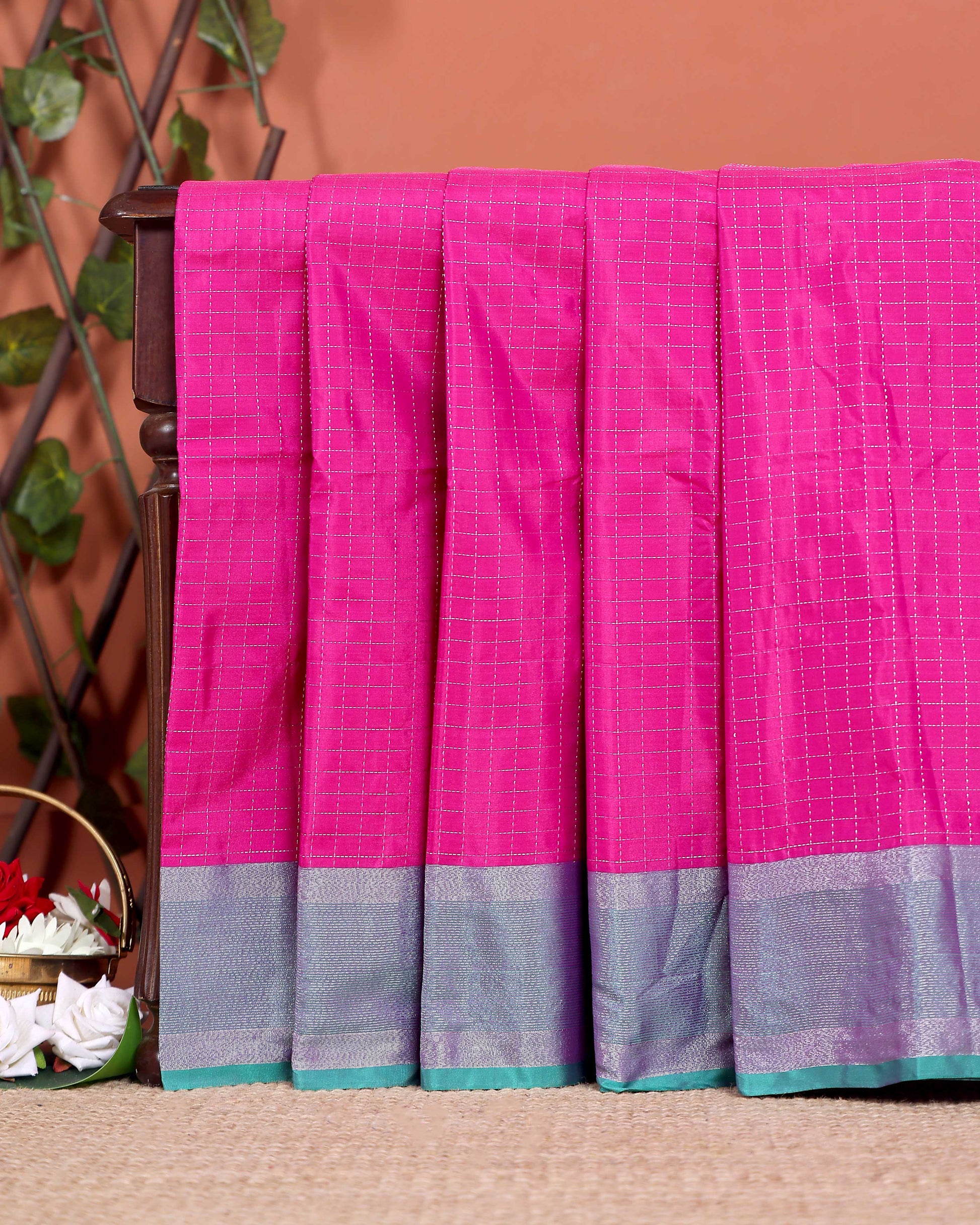 Classic Checks Soft Silk Saree with Intricate Weave Border -  Pink