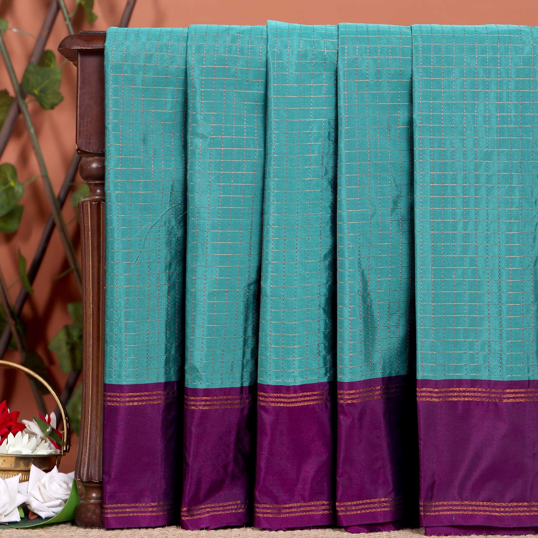 Classic Checks Soft Silk Saree with Intricate Weave Border -  Turquoise