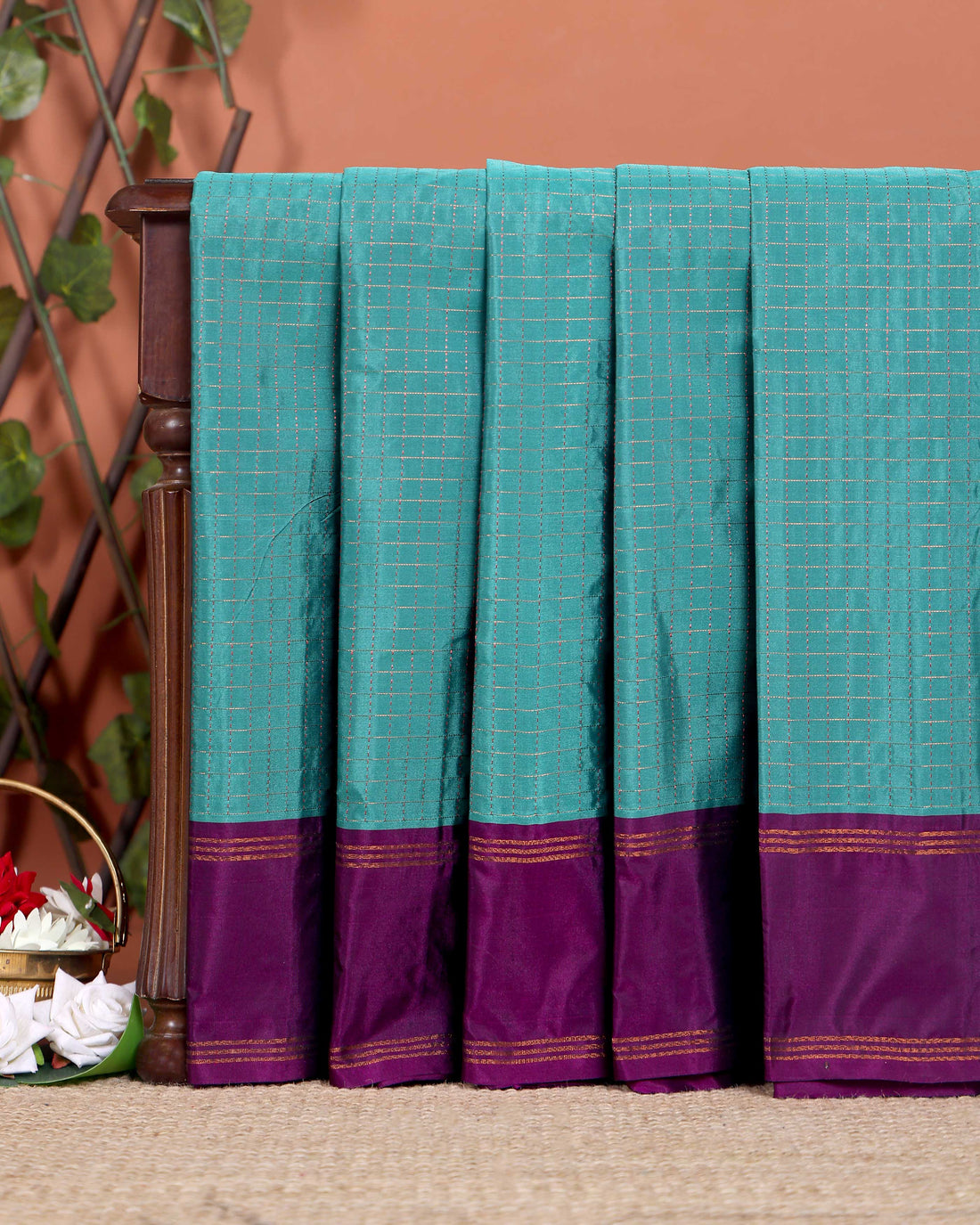 Classic Checks Soft Silk Saree with Intricate Weave Border -  Turquoise