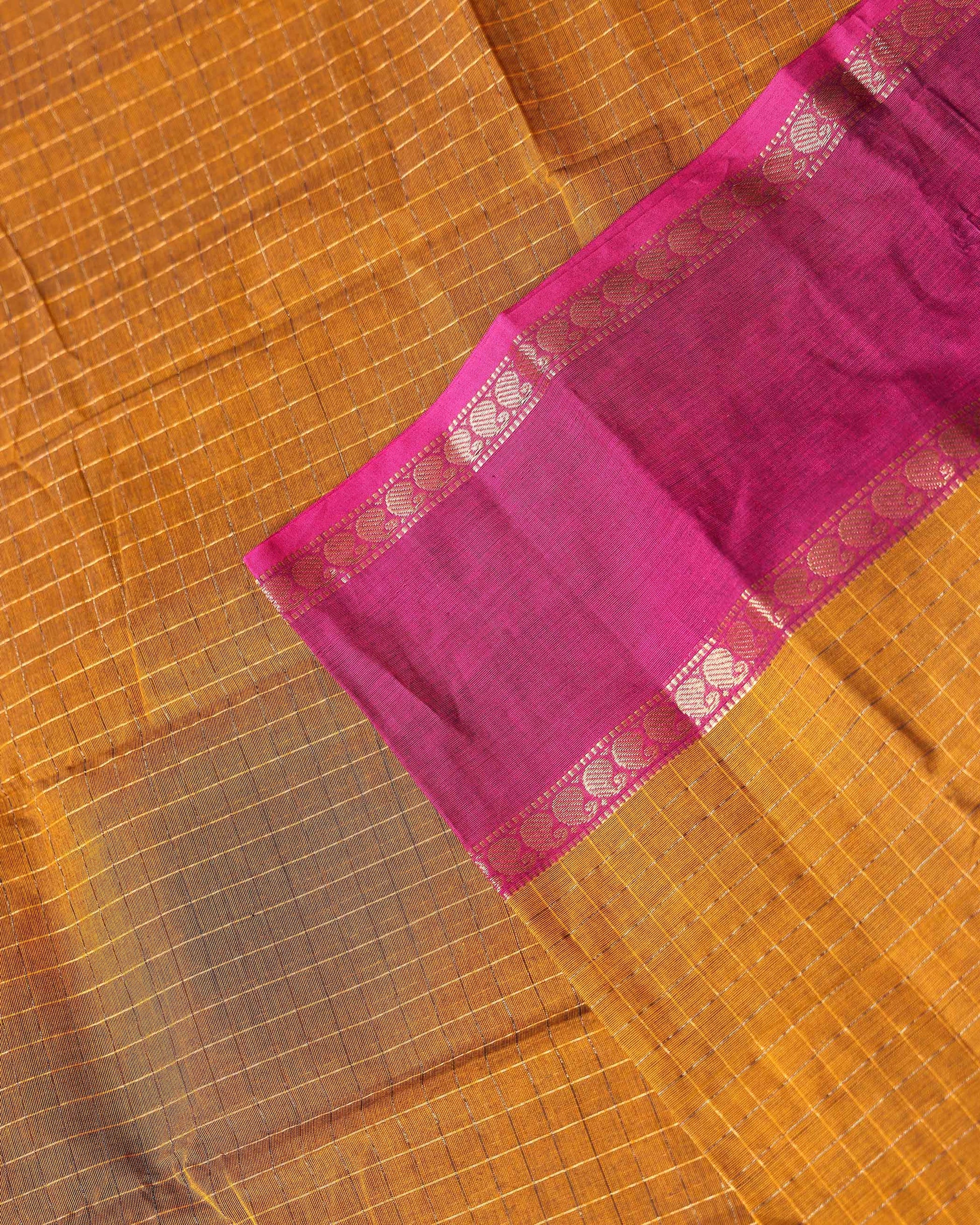 Classic Chettinad Cotton Saree with Traditional Woven Checks and Zari Border - Brown-Close
