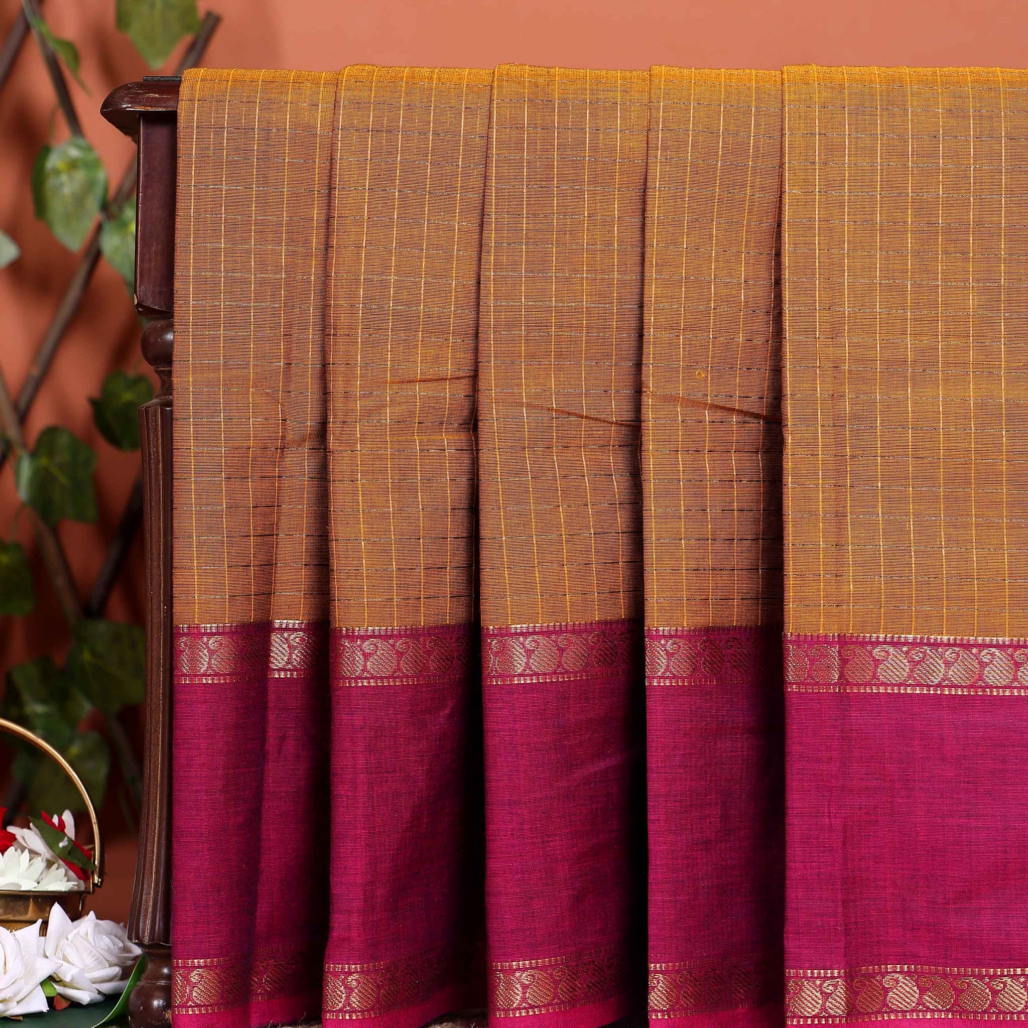 Classic Chettinad Cotton Saree with Traditional Woven Checks and Zari Border - Brown