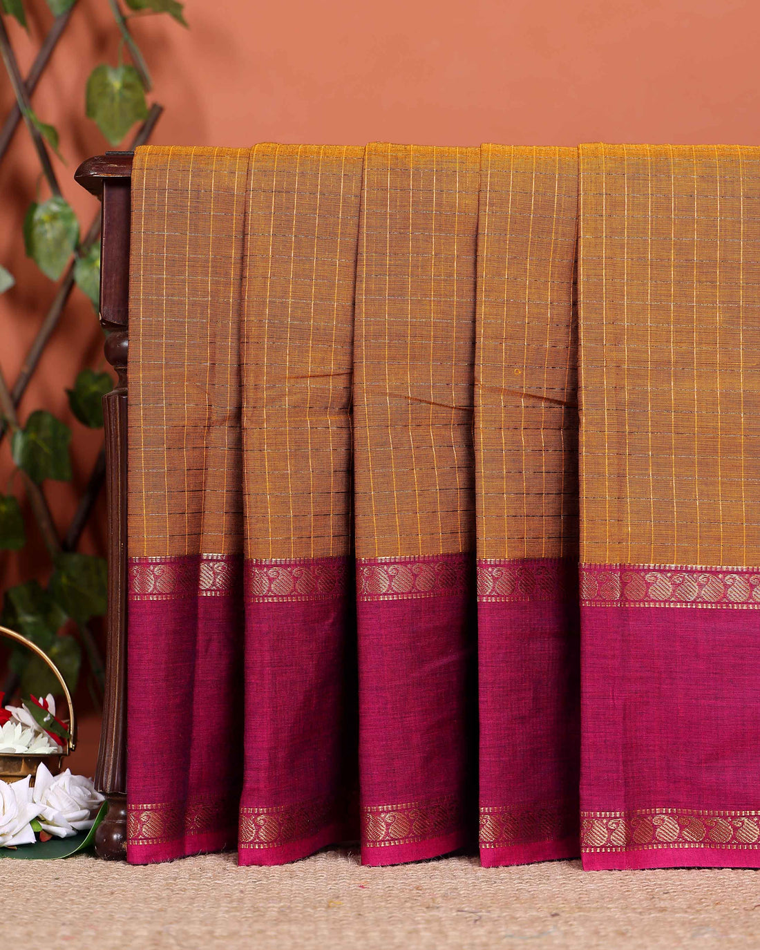 Classic Chettinad Cotton Saree with Traditional Woven Checks and Zari Border - Brown