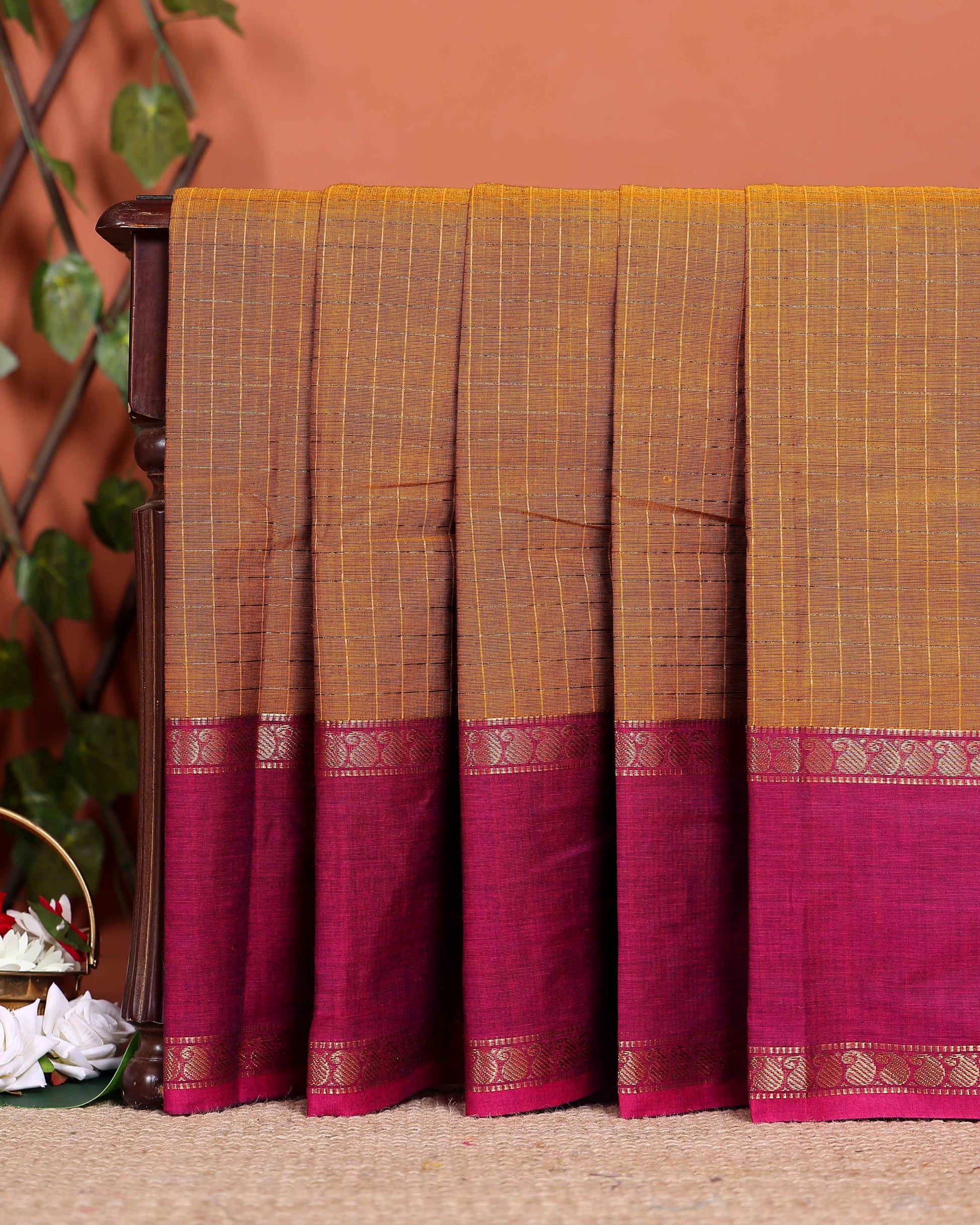 Classic Chettinad Cotton Saree with Traditional Woven Checks and Zari Border - Brown