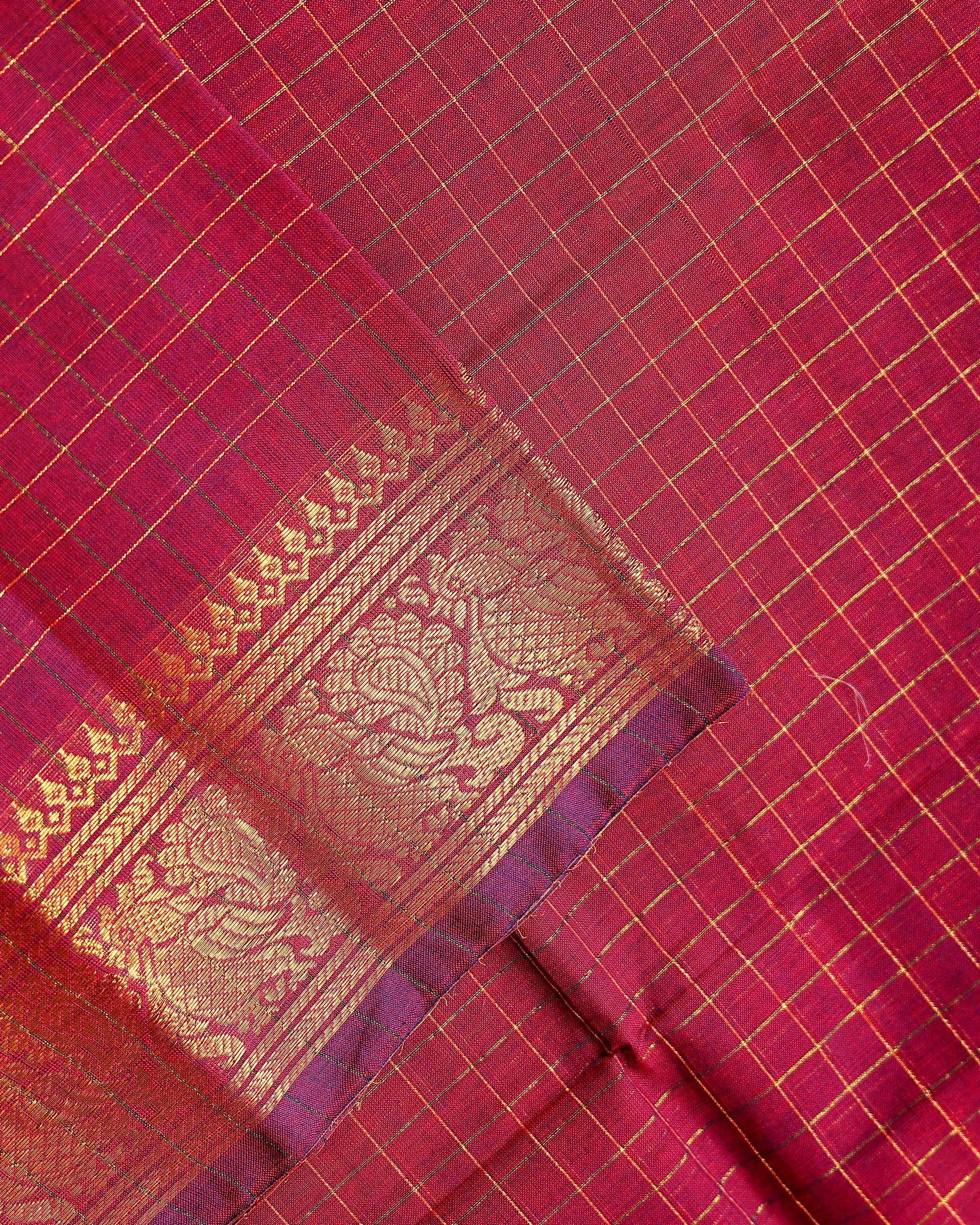 Classic Chettinad Cotton Saree with Woven Checks and Peacock Motif - Maroon-Close