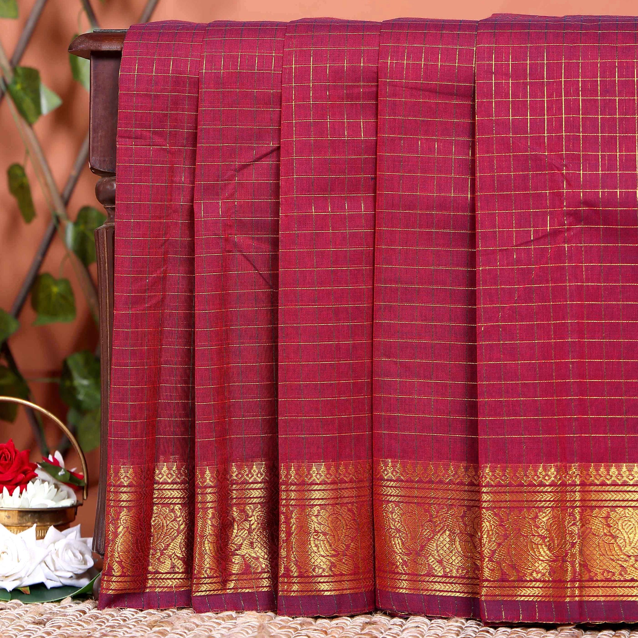 Classic Chettinad Cotton Saree with Woven Checks and Peacock Motif - Maroon
