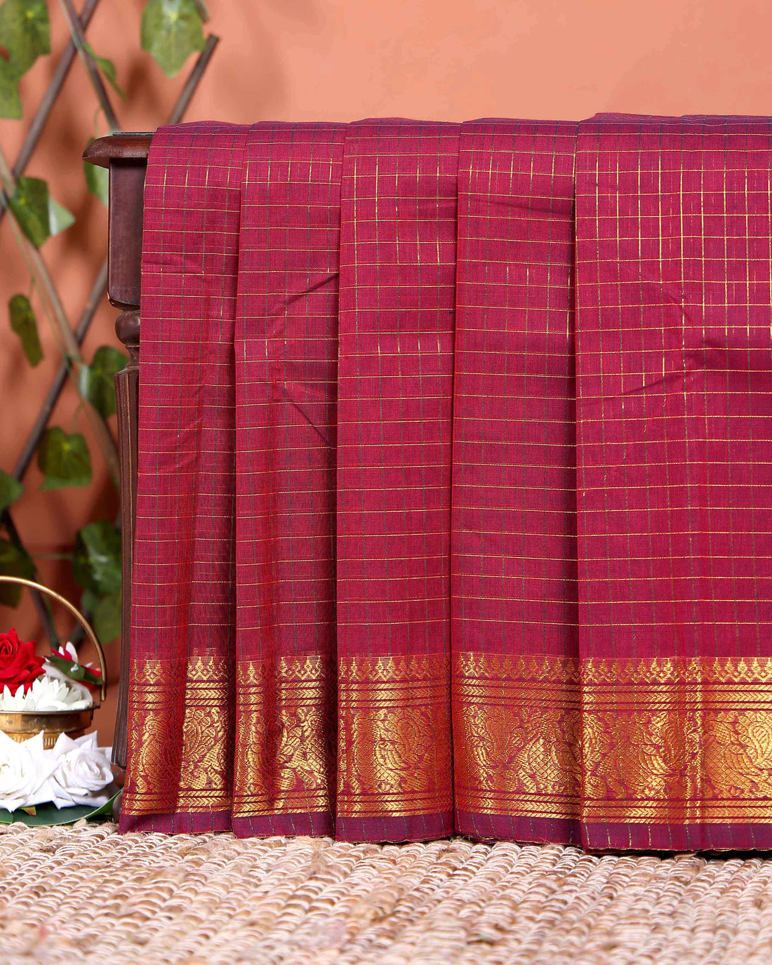 Classic Chettinad Cotton Saree with Woven Checks and Peacock Motif - Maroon