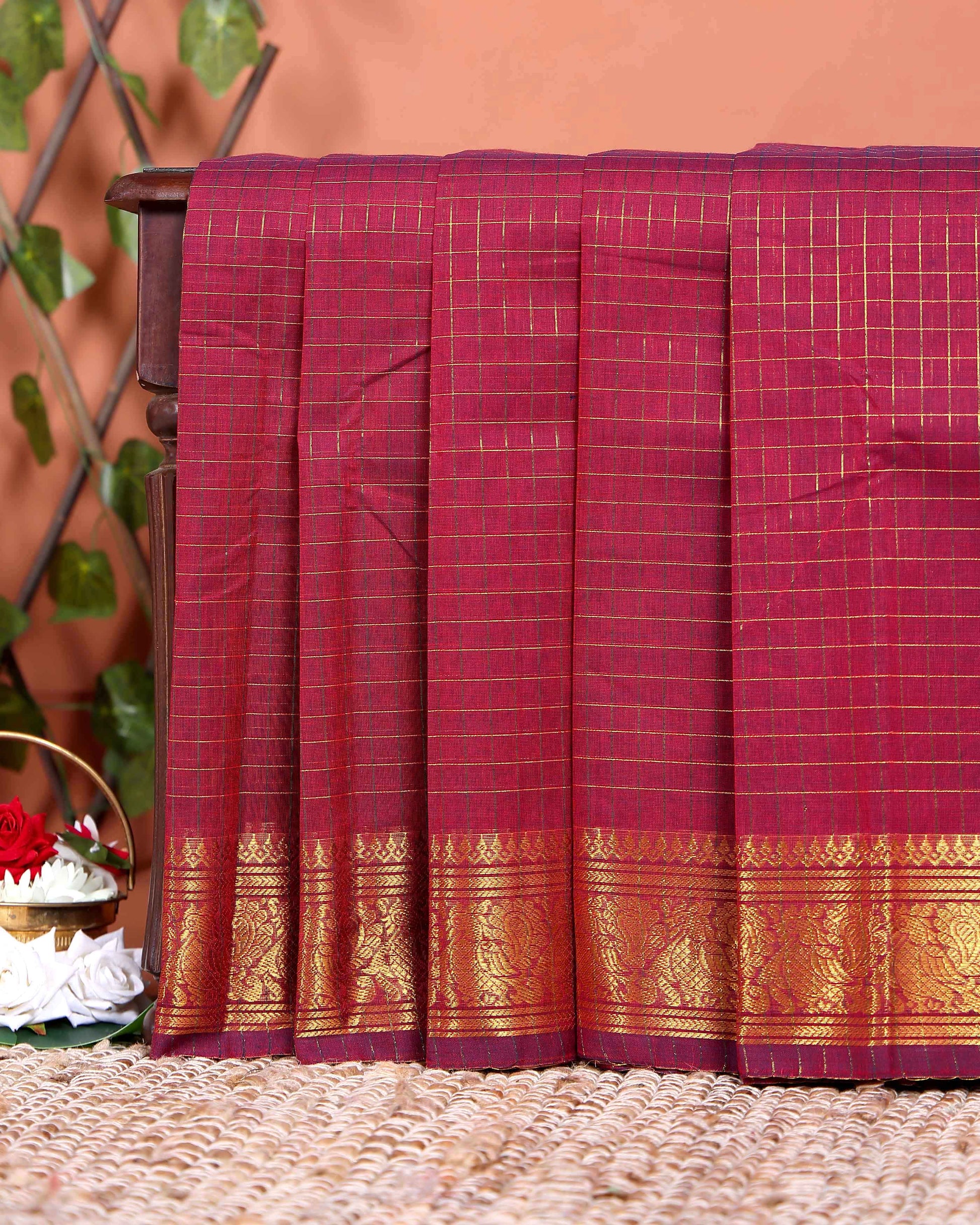 Classic Chettinad Cotton Saree with Woven Checks and Peacock Motif - Maroon