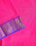 Classic Chettinad Cotton Saree with Woven Checks and Peacock Motif - Pink-Close