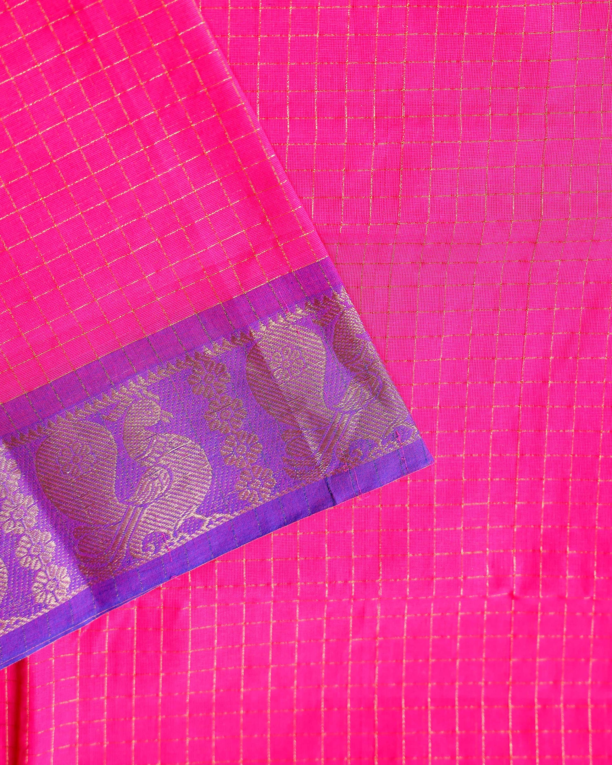 Classic Chettinad Cotton Saree with Woven Checks and Peacock Motif - Pink-Close