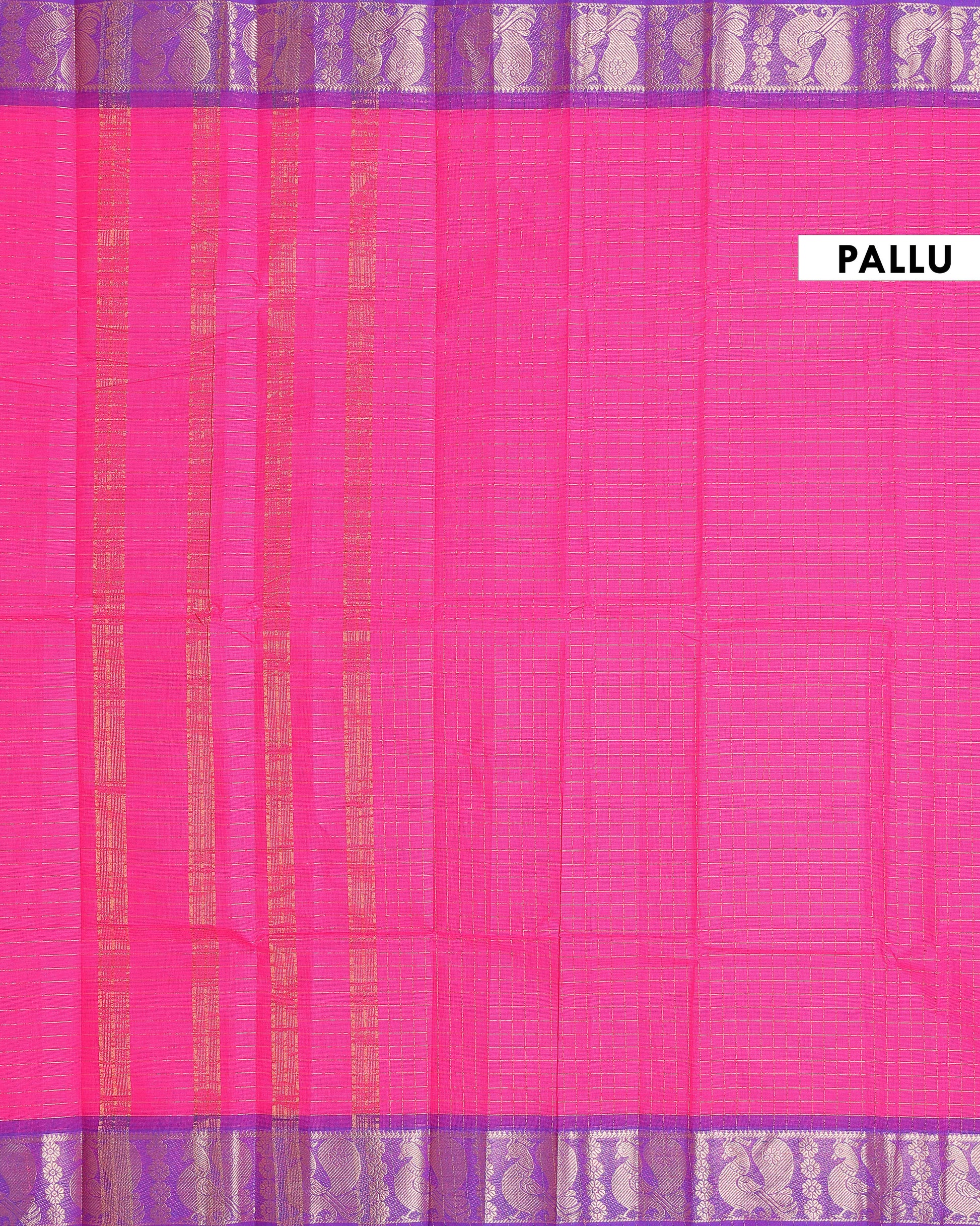 Classic Chettinad Cotton Saree with Woven Checks and Peacock Motif - Pink-Pallu