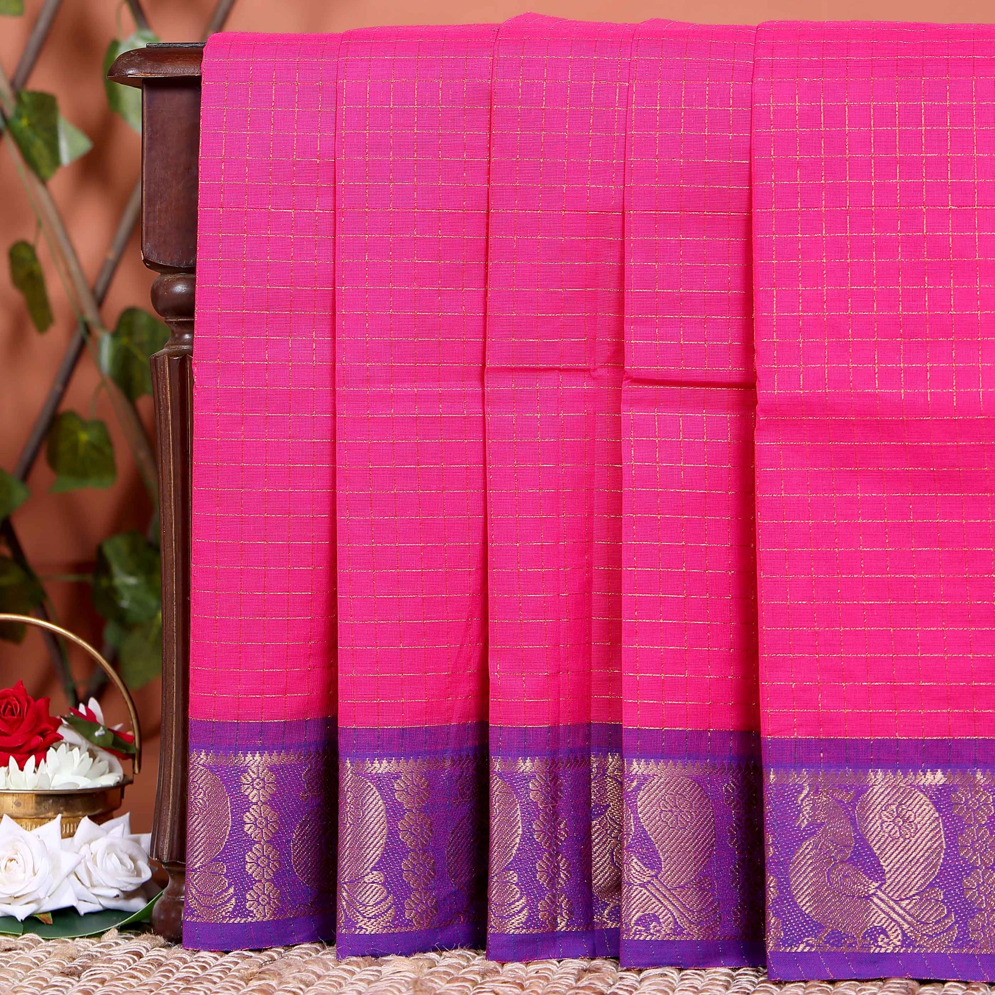 Classic Chettinad Cotton Saree with Woven Checks and Peacock Motif - Pink