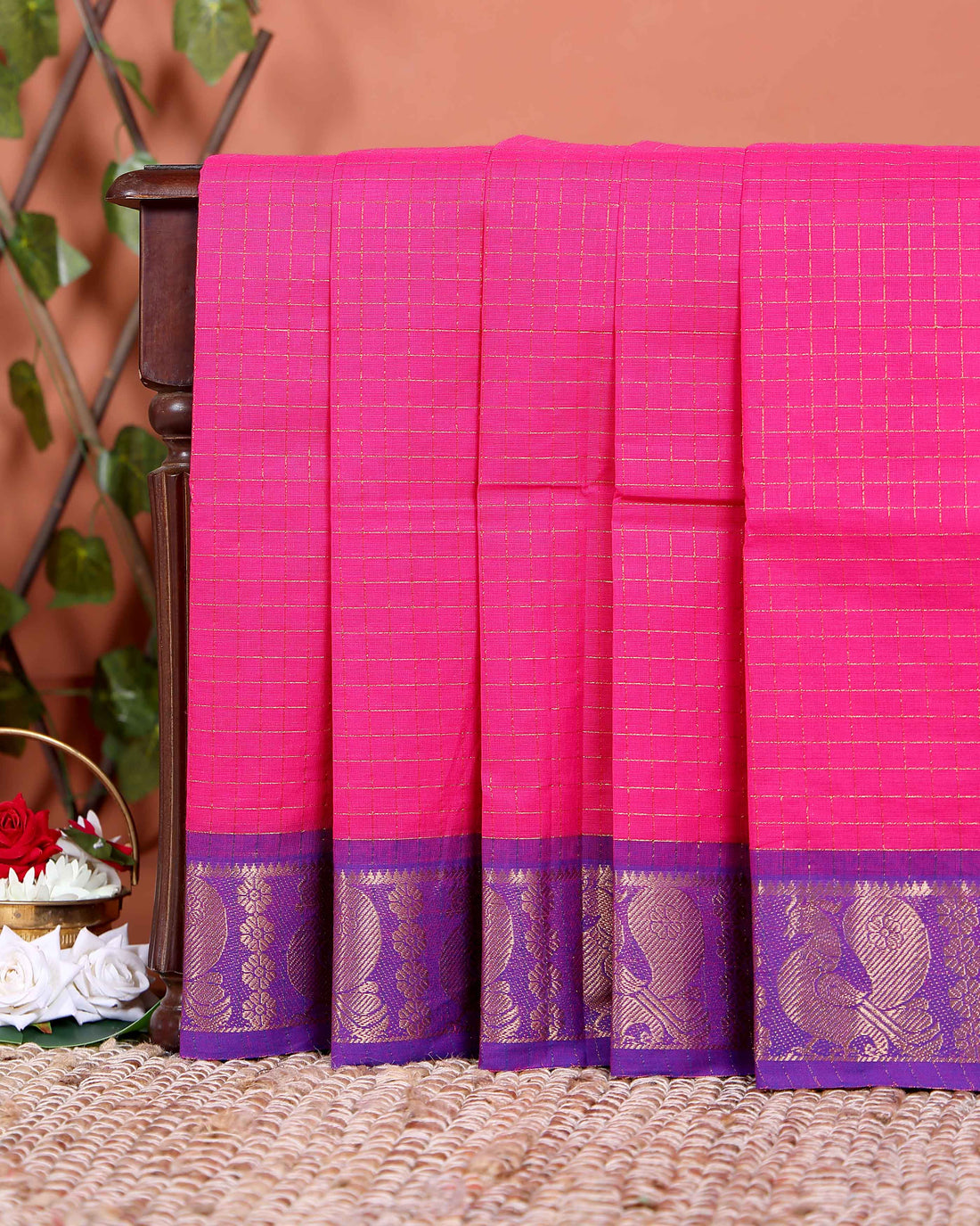 Classic Chettinad Cotton Saree with Woven Checks and Peacock Motif - Pink