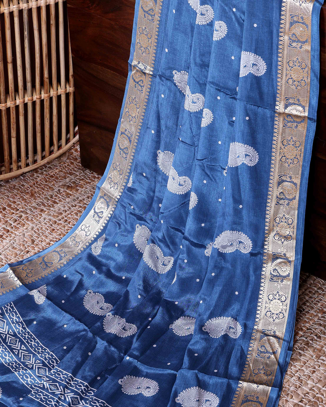 Classic Dola Silk Saree with Classic Paisley Motifs and Rich Antique Zari Border - Blue
