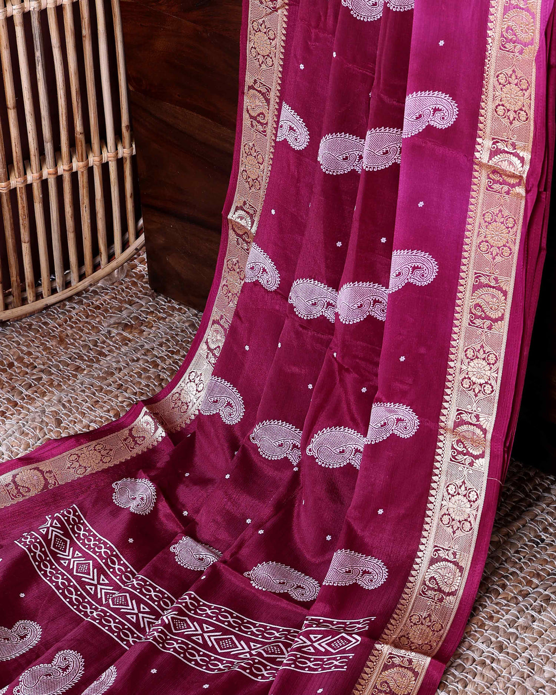 Classic Dola Silk Saree with Classic Paisley Motifs and Rich Antique Zari Border - Burgundy