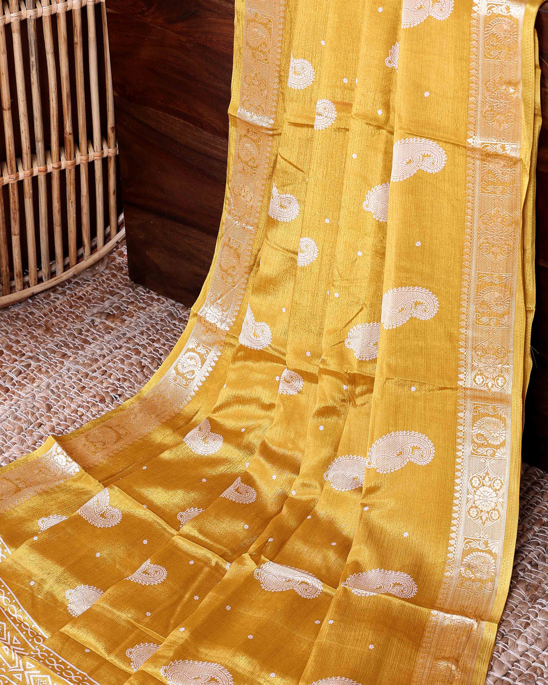 Classic Dola Silk Saree with Classic Paisley Motifs and Rich Antique Zari Border - Yellow