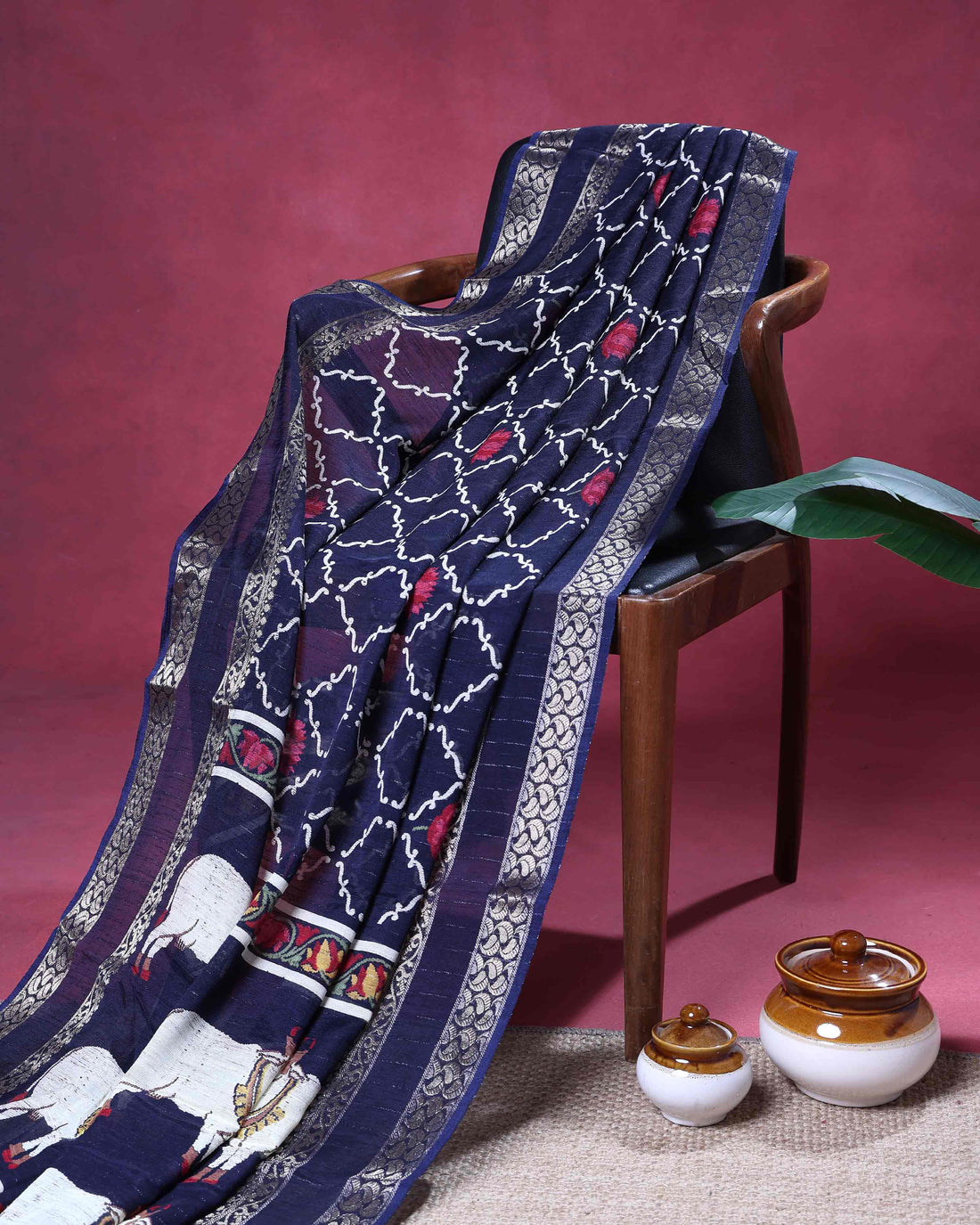 Classic Dola Silk Saree with Traditional Floral Lattice Patterns And Silver Zari Border - Navy