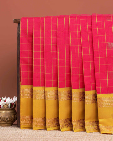 Classic Elampillai Silk Cotton Saree with Elegant Checked Pattern and Traditional Zari Woven Contrast Border - Pink
