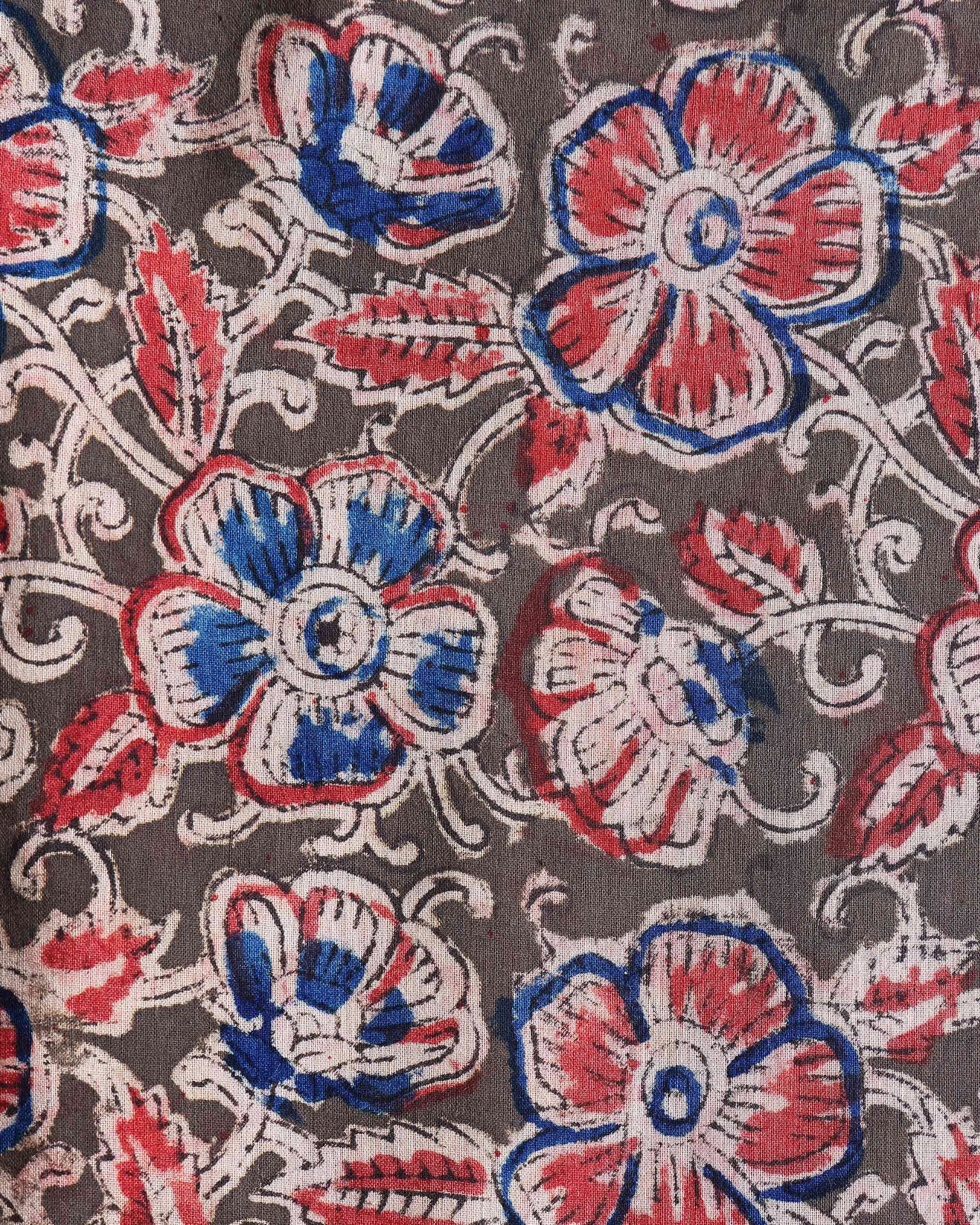 Classic Floral Print Unstitched Blouse Material - Brown-Close
