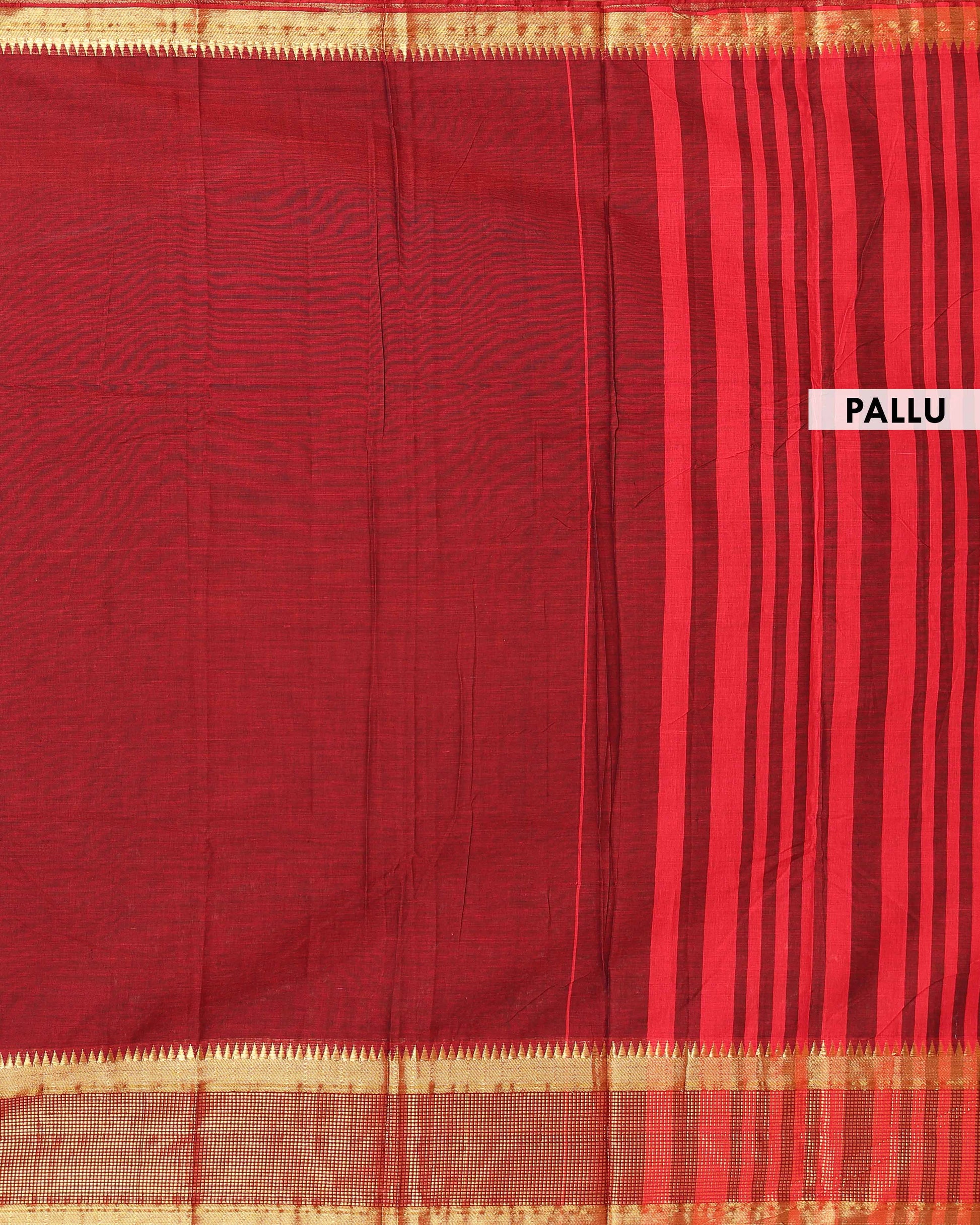 Classic Handloom Narayanpet Cotton Saree with Traditional Gold Zari Border - Maroon