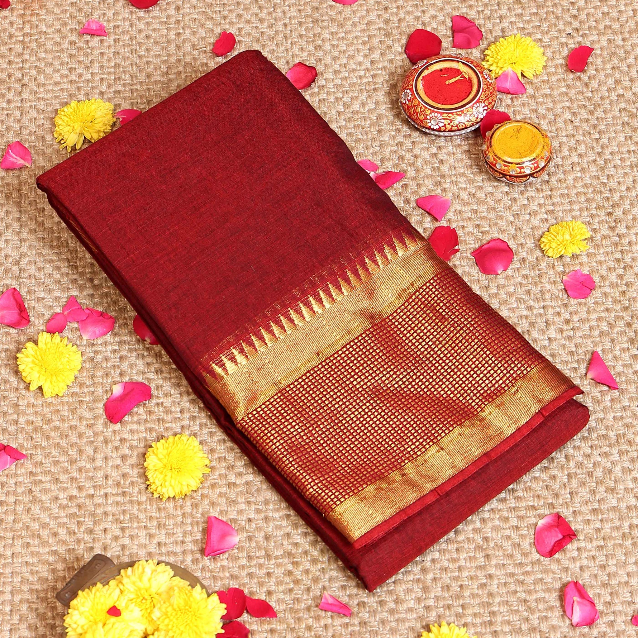Classic Handloom Narayanpet Cotton Saree with Traditional Gold Zari Border - Maroon