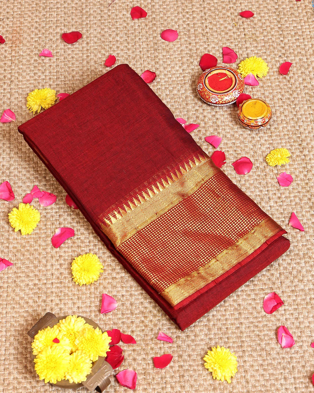 Classic Handloom Narayanpet Cotton Saree with Traditional Gold Zari Border - Maroon