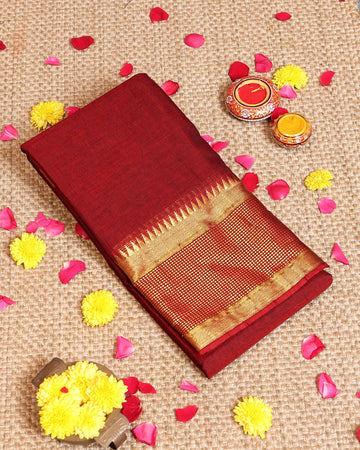 Classic Handloom Narayanpet Cotton Saree with Traditional Gold Zari Border - Maroon