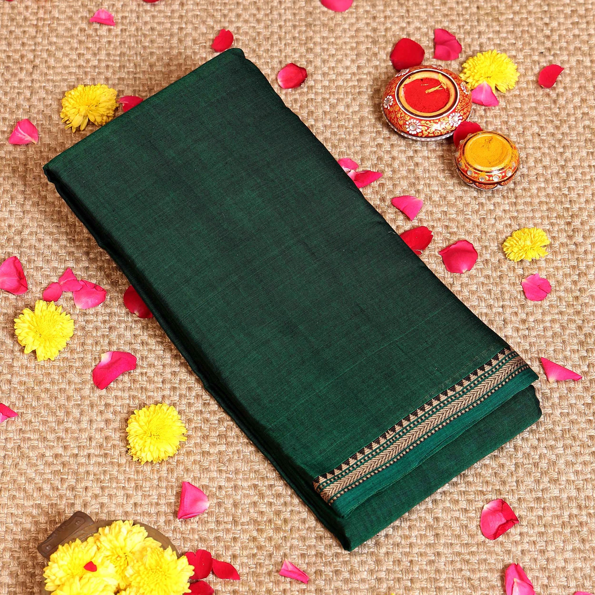 Classic Handloom Narayanpet Cotton Saree with Traditional Temple Border - Green