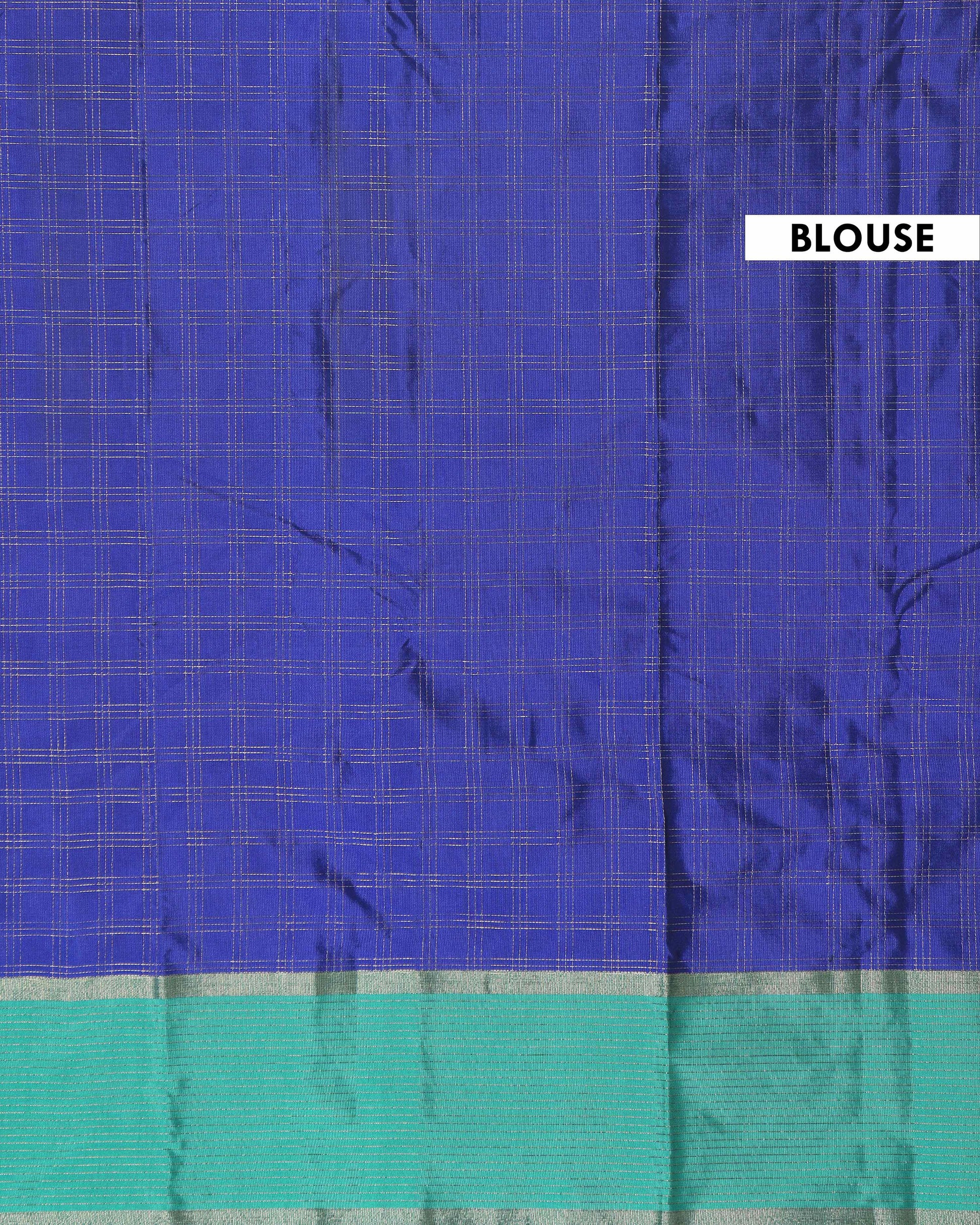 Classic Handloom Soft Silk Saree with Checked Body and Striped Border - Blue-Head